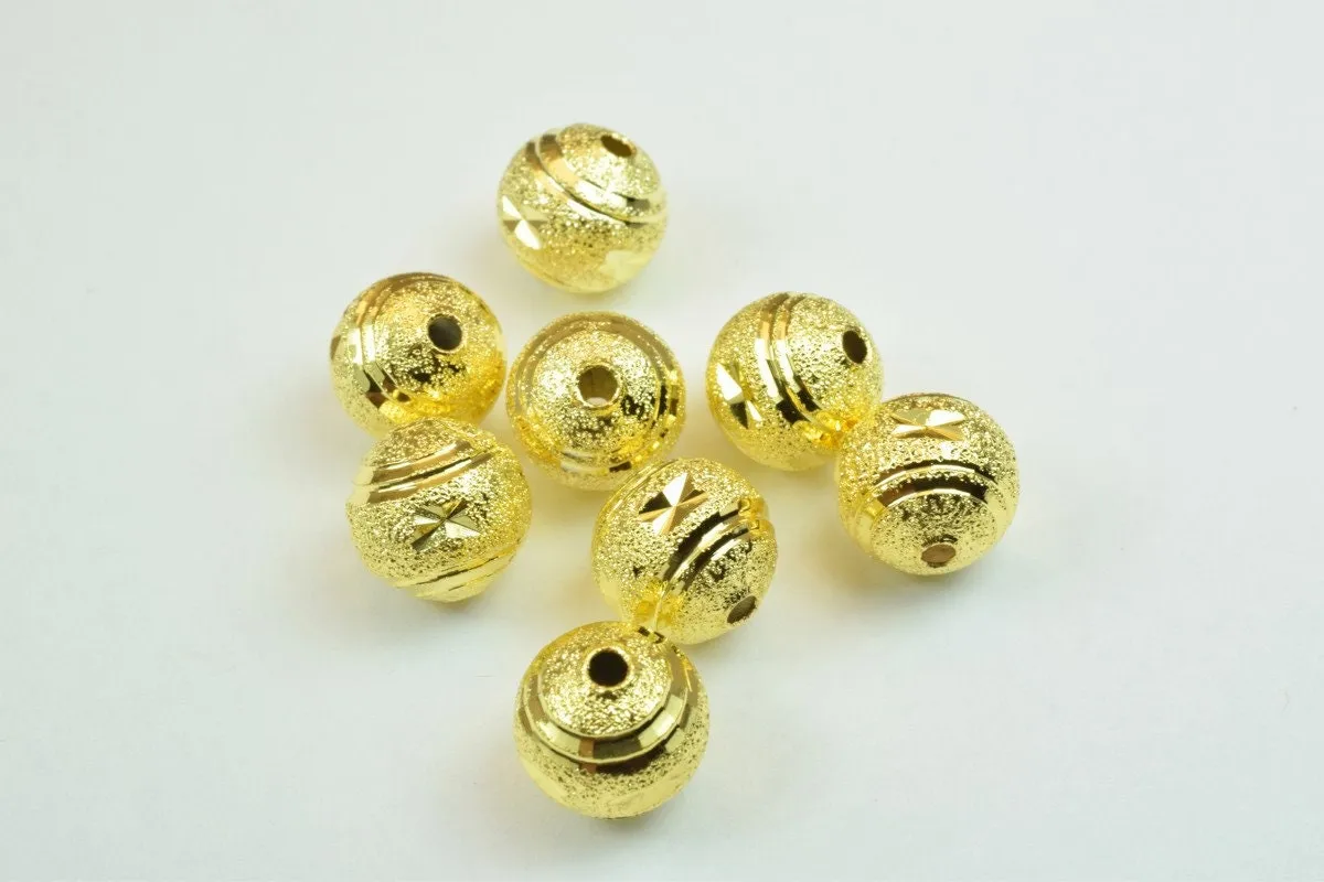 100 PCs Gold Plated Carved Round Beads 10mm Diamond Cut