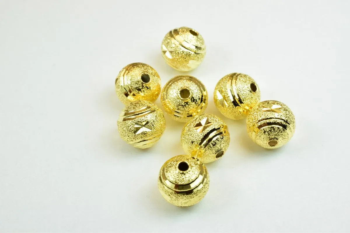 100 PCs Gold Plated Carved Round Beads 10mm Diamond Cut