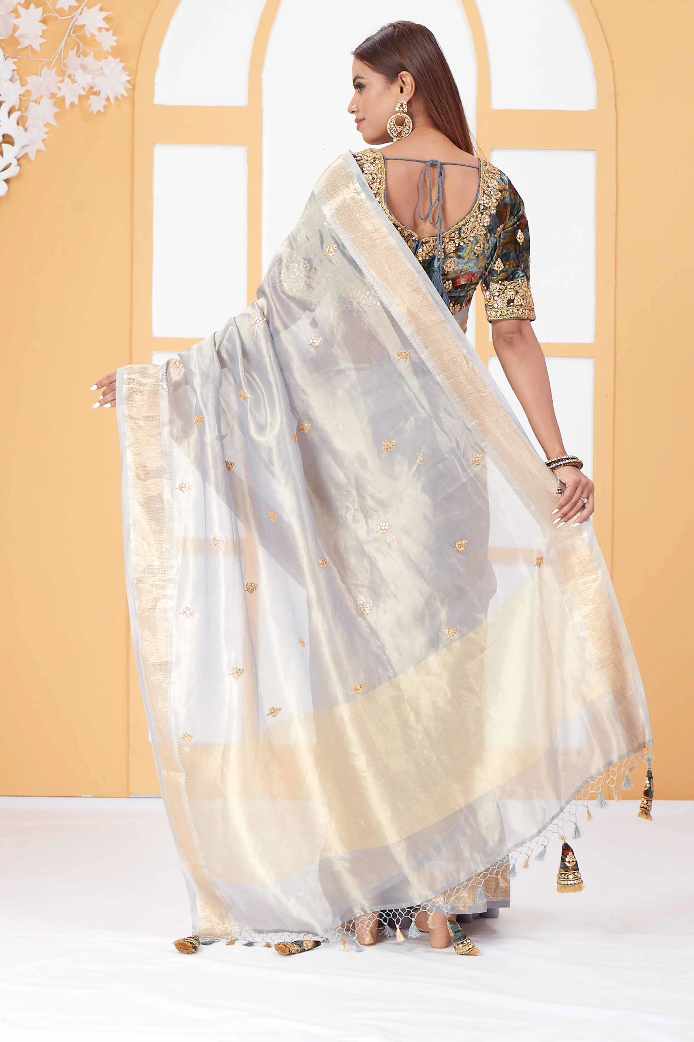 91A081 Powder Blue Tissue Banarasi Saree with Velvet Blouse