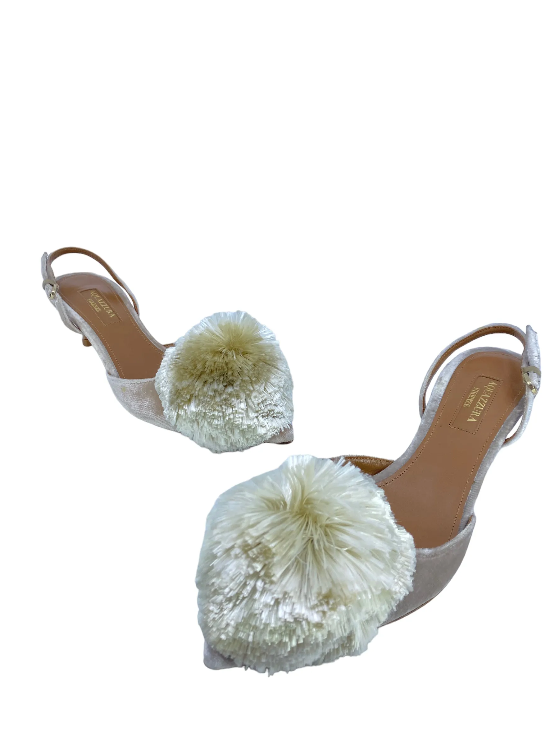 Aquazzura Powder Puff Pompom-Embellished Slingback Pumps in Light Grey Velvet size IT 35