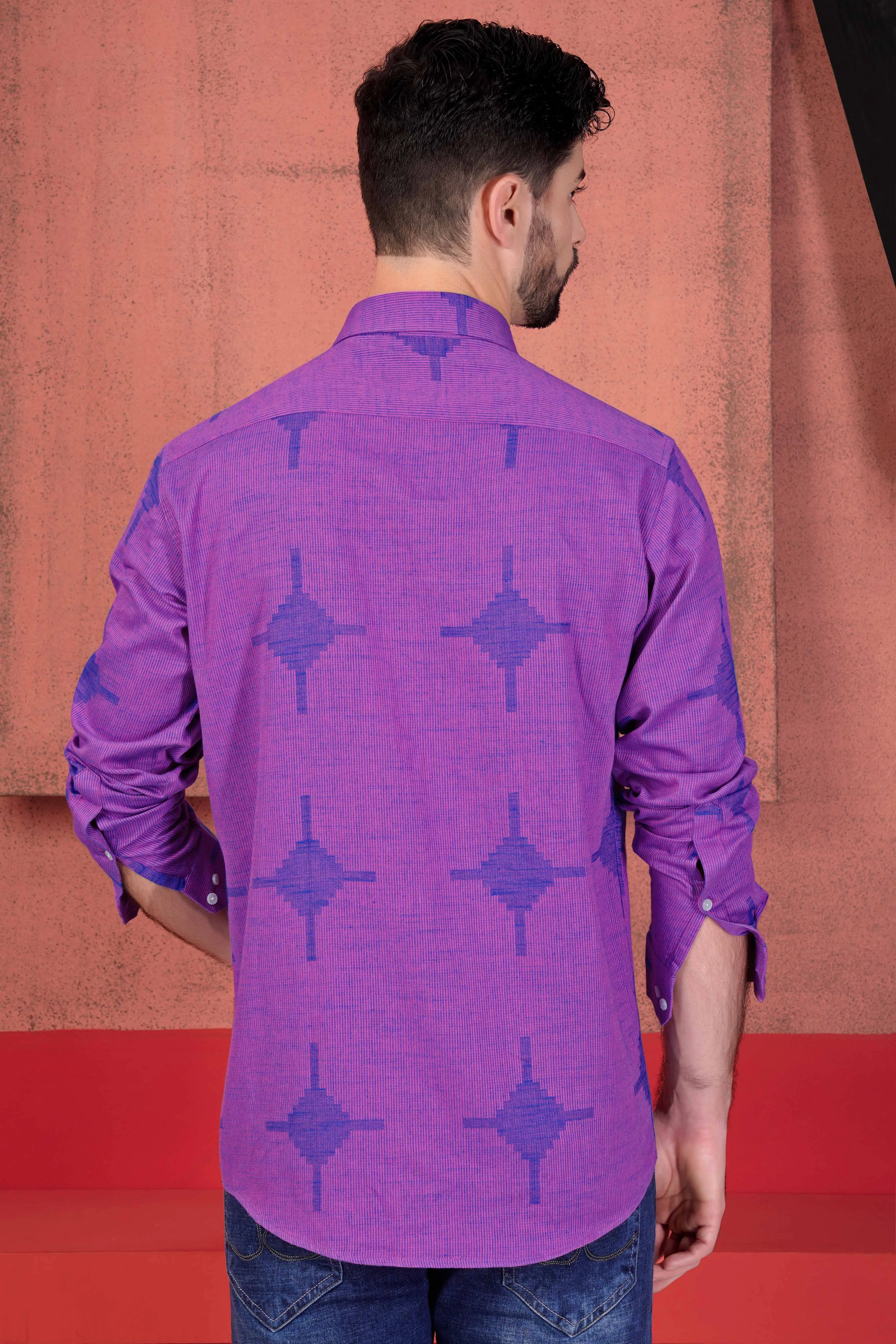 Barney Pink with Tory Blue Hand Embroidered and Hand Painted Dobby Textured Premium Giza Cotton Designer Shirt