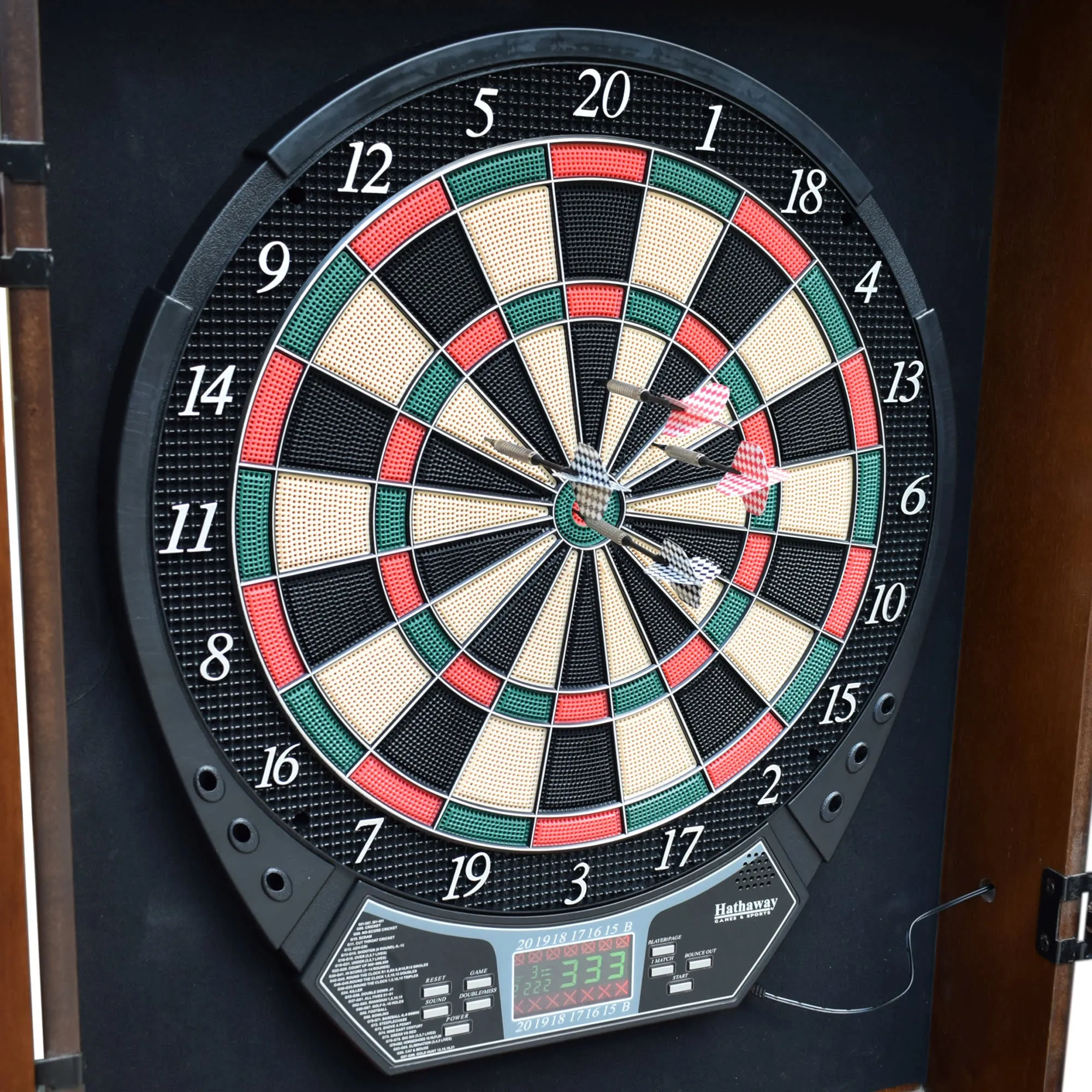 Brookline Electronic Dartboard and Cabinet Set - 29 Games - Walnut Finish