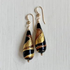 Earrings with black and aventurine swirl over gold Murano glass long pear drops