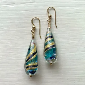 Earrings with turquoise and blue aventurine swirl over gold Murano glass long pear drops