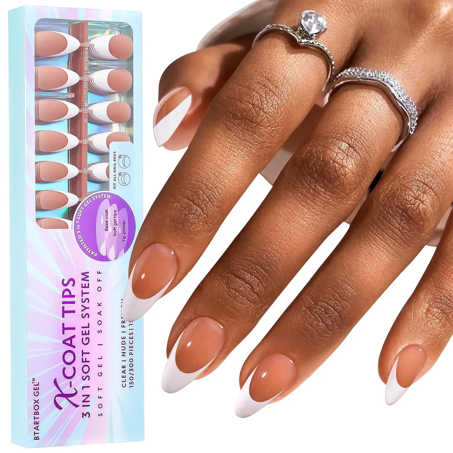 French Gel Nail Tips -150Pcs French Tip Press on Nails Pink Long Square 3 in 1 X-coat Tips