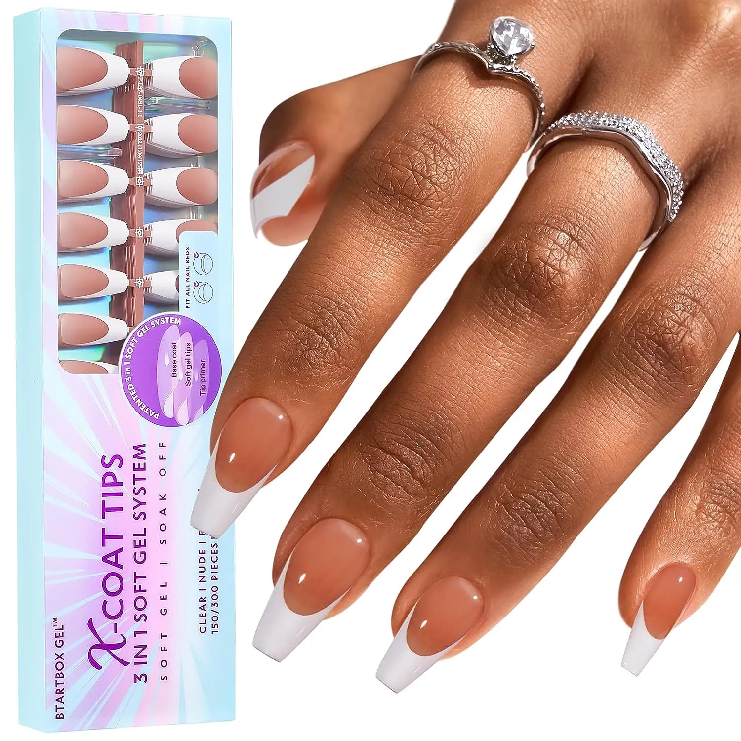 French Gel Nail Tips -150Pcs French Tip Press on Nails Pink Long Square 3 in 1 X-coat Tips