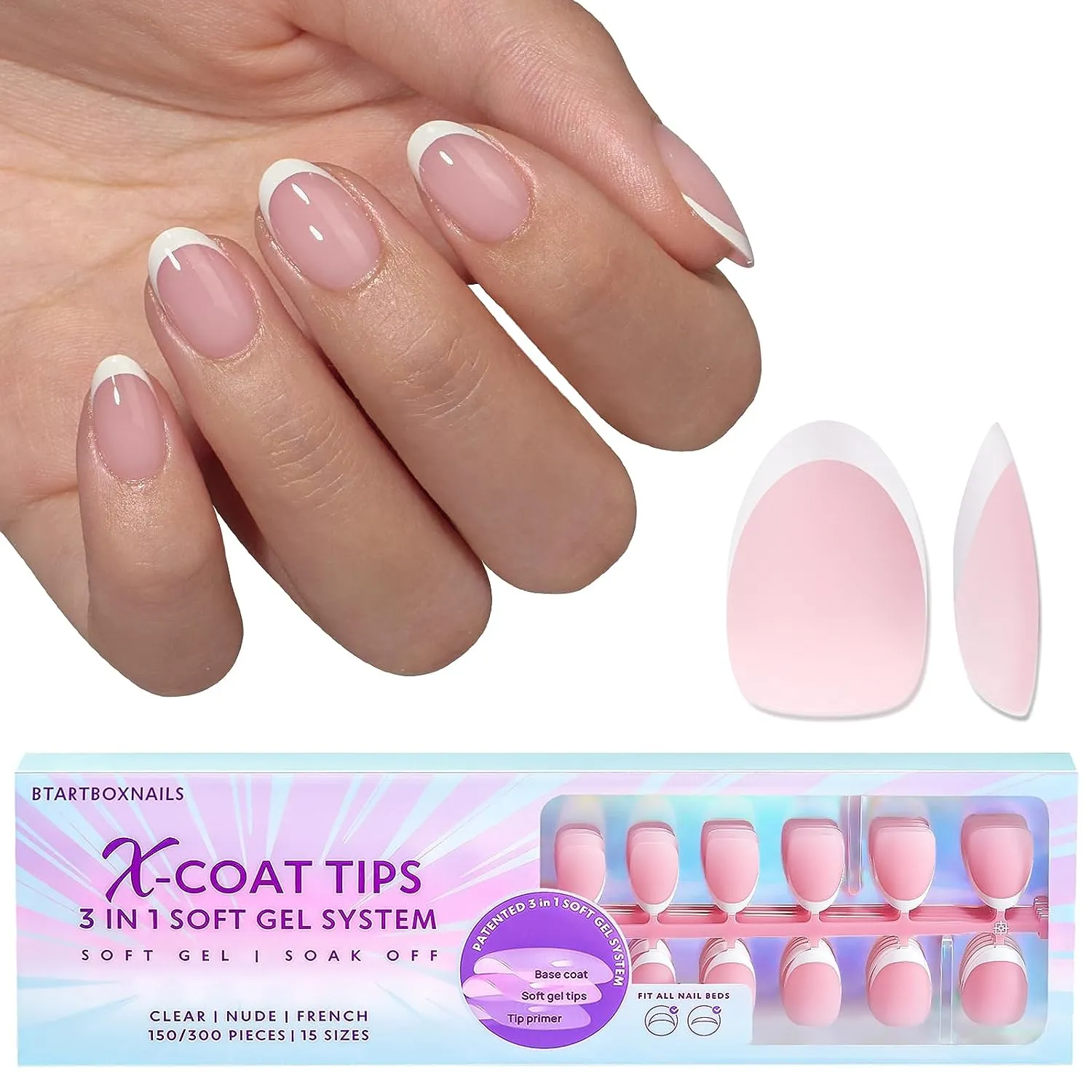 French Gel Nail Tips -150Pcs French Tip Press on Nails Pink Long Square 3 in 1 X-coat Tips