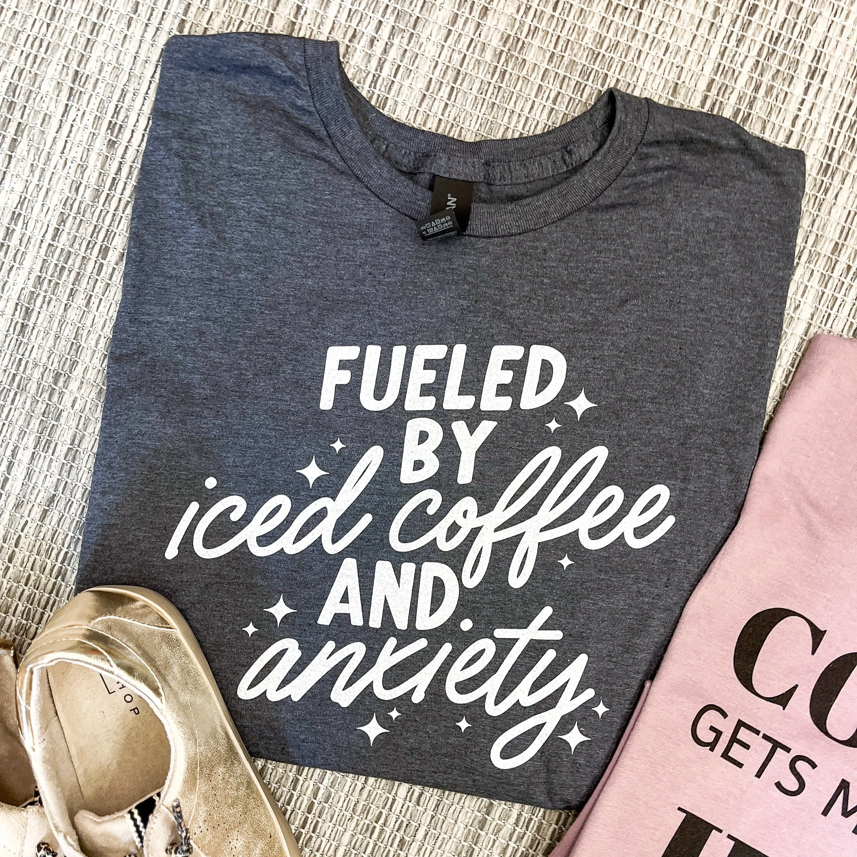 Fueled By Iced Coffee and Anxiety Graphic Tee, Charcoal