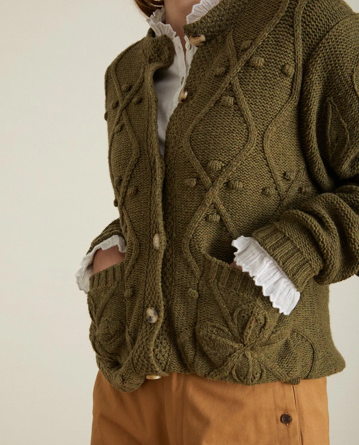 Green knit cotton & wool blend short cardigan by YERSE