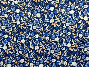 Navy Floral - Printed Peachskin Fabric