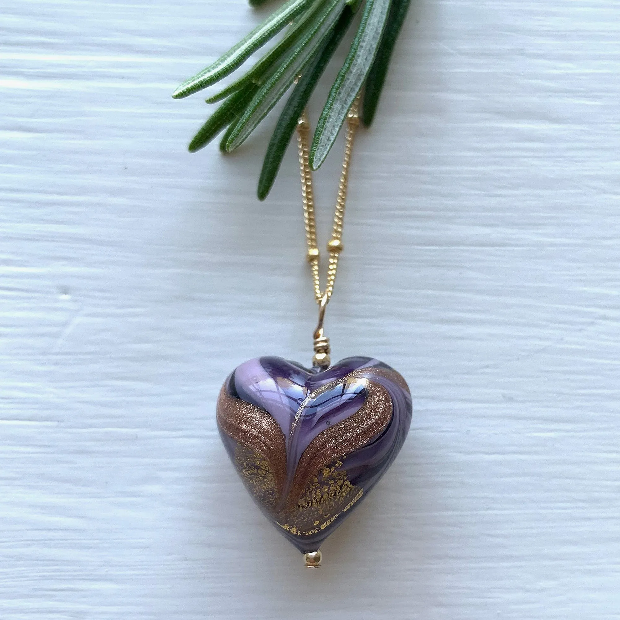 Necklace with byzantine purple Murano glass medium heart pendant on gold satellite chain