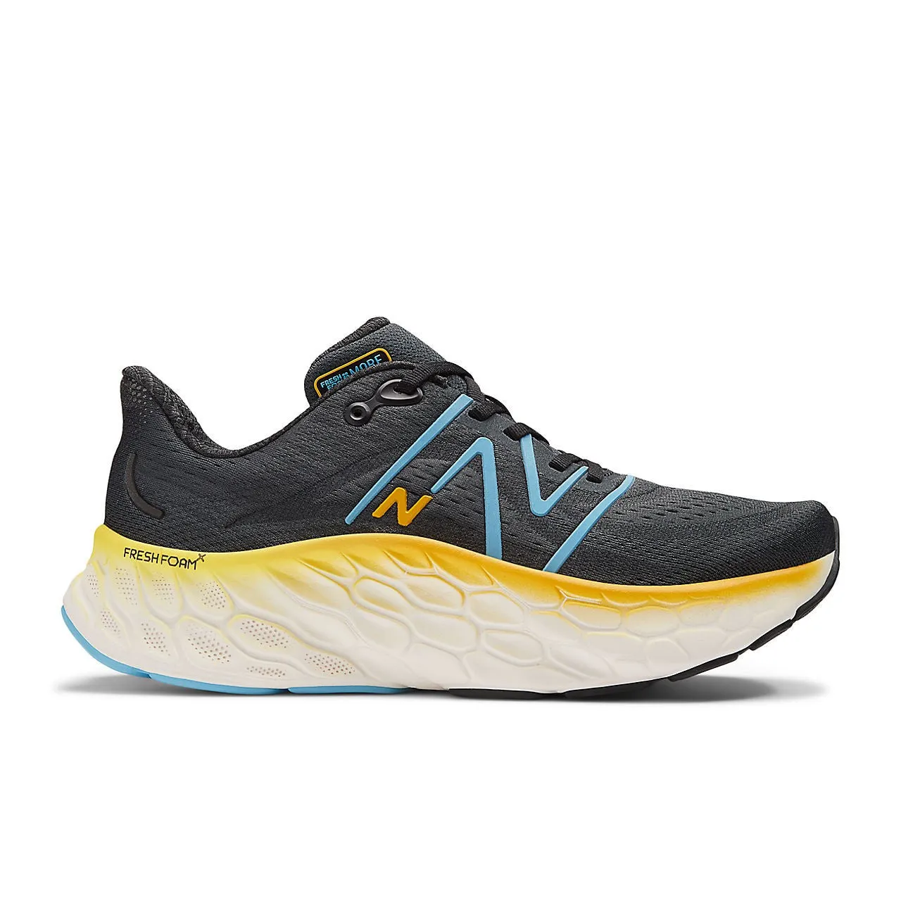 New Balance Fresh Foam More v4 (Mens) - Black with coastal blue and ginger lemon