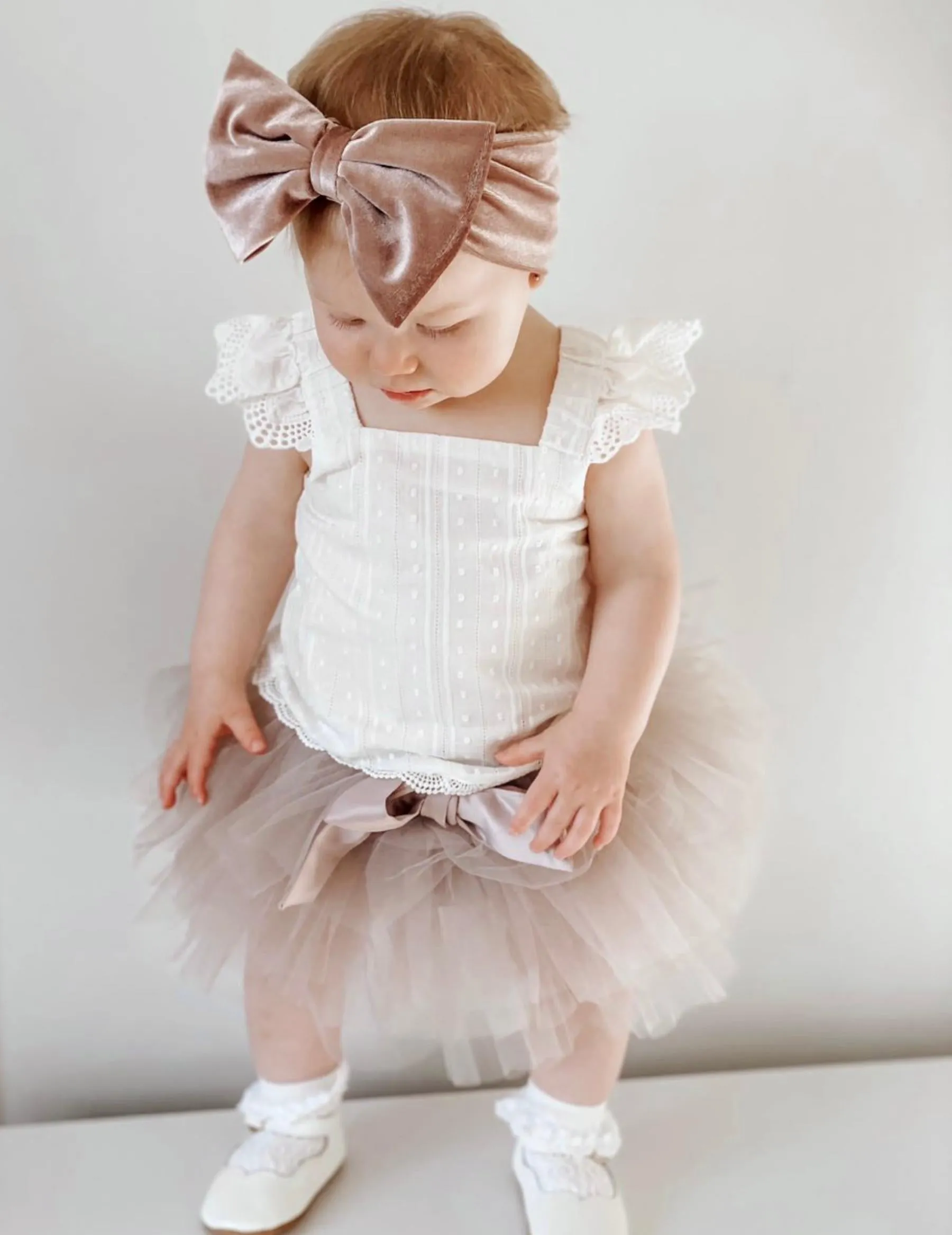 Oversized Bow Velour Baby Headband - Rose Powder