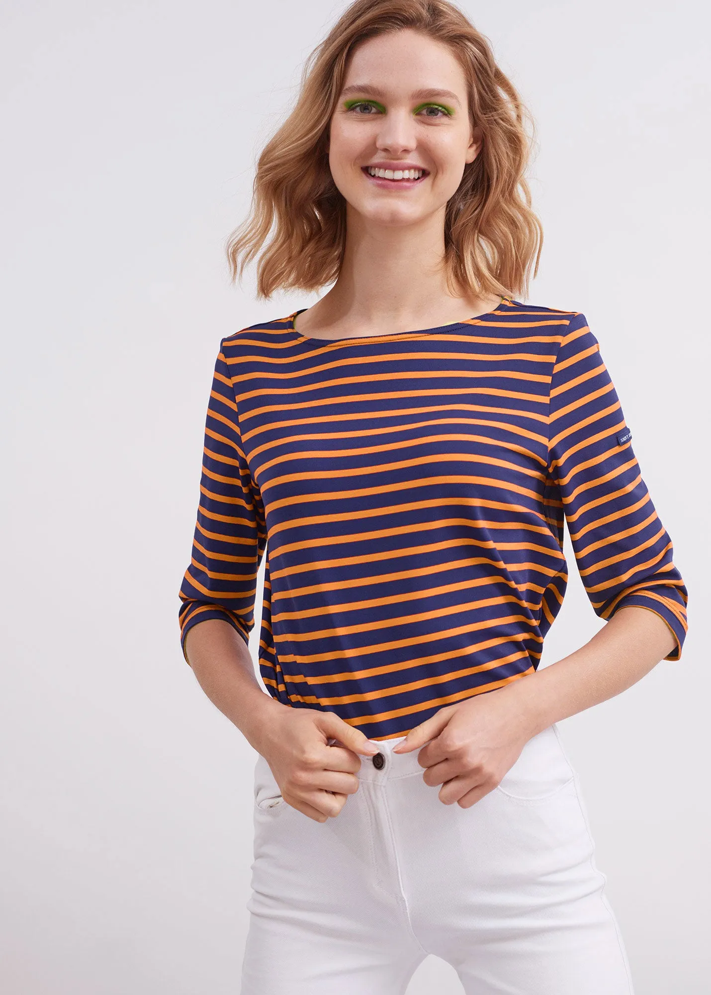 PHARE - Boat Neck Striped Tunic with Slits | Stretch fabric with UV Protection (INDIGO / NEON ORANGE)