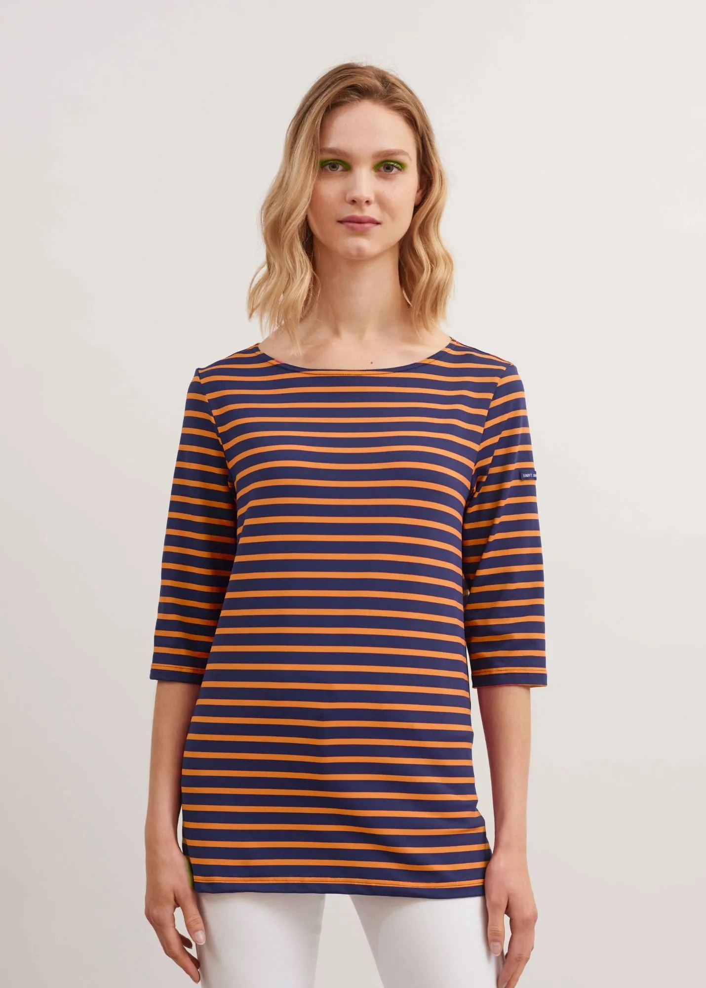 PHARE - Boat Neck Striped Tunic with Slits | Stretch fabric with UV Protection (INDIGO / NEON ORANGE)