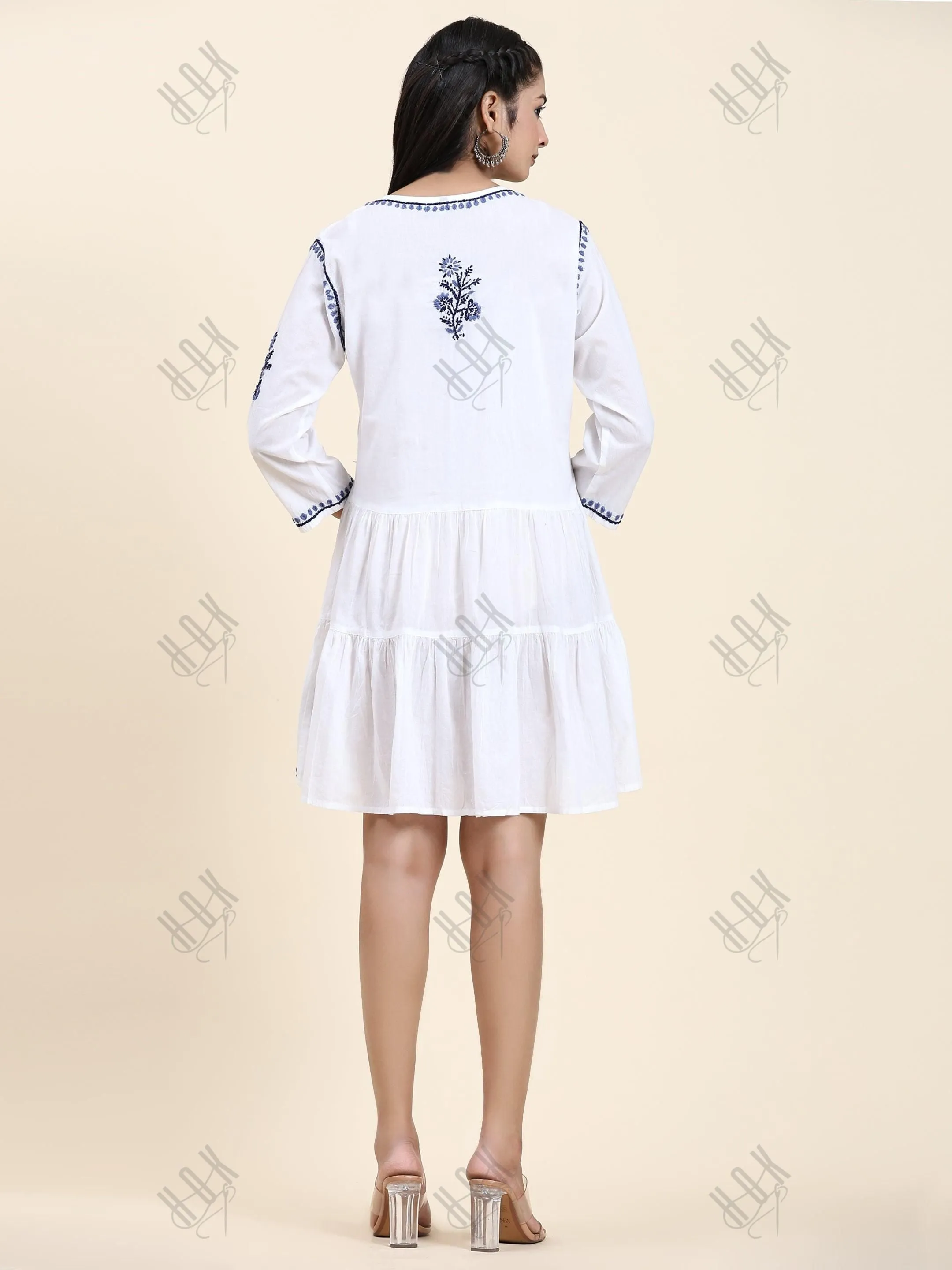 Samma Chikankari Dress In Cotton  for Women-White With Blue