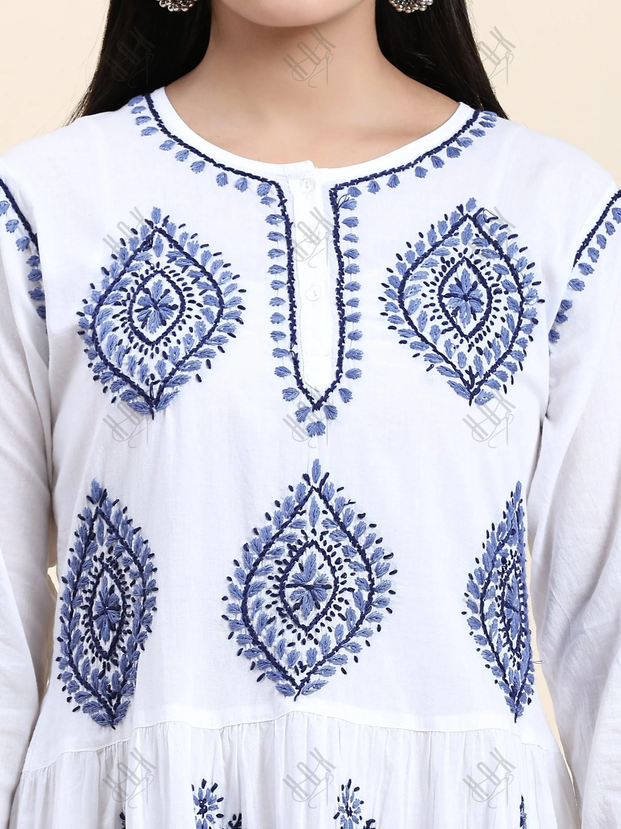 Samma Chikankari Dress In Cotton  for Women-White With Blue