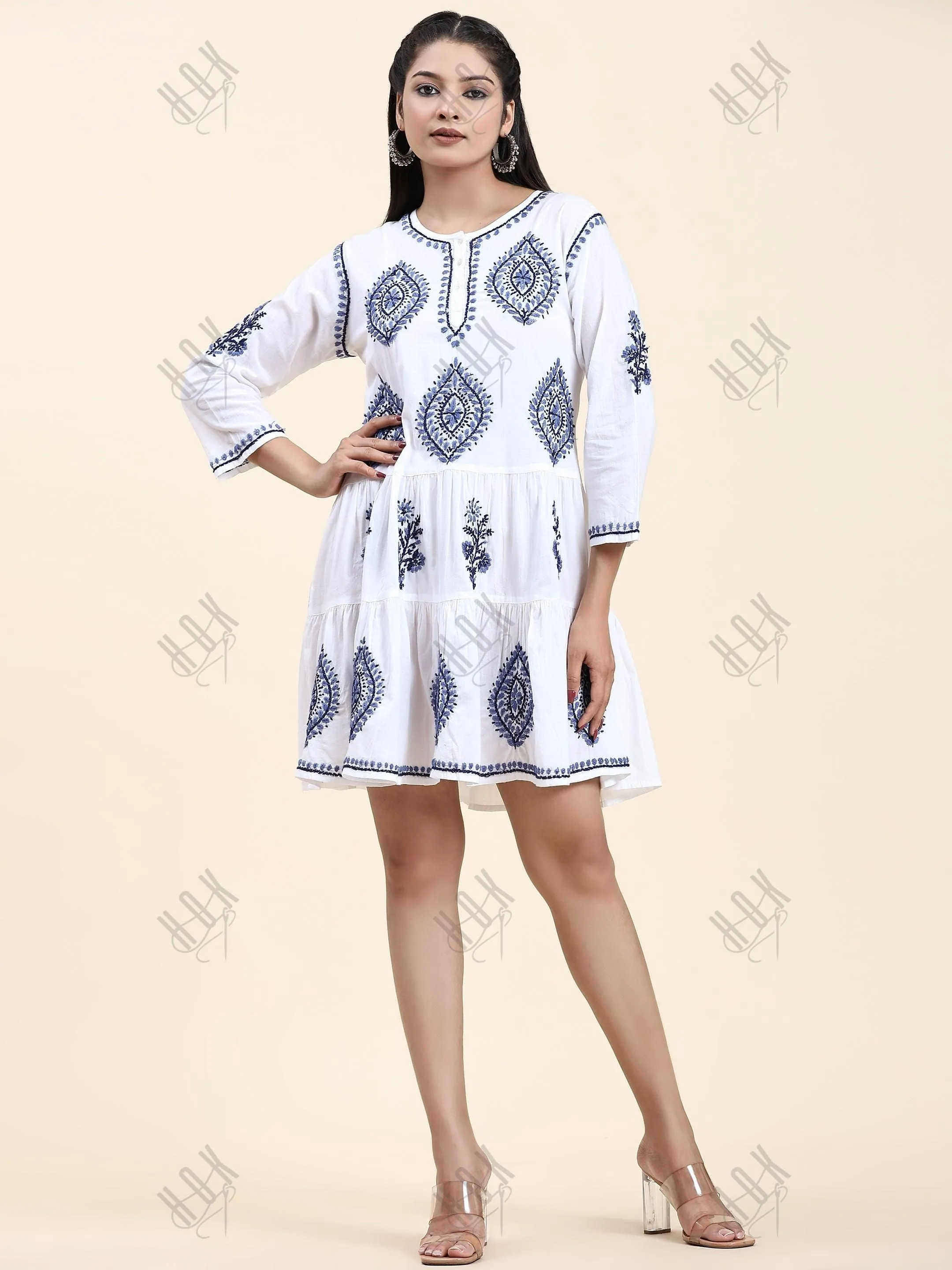 Samma Chikankari Dress In Cotton  for Women-White With Blue