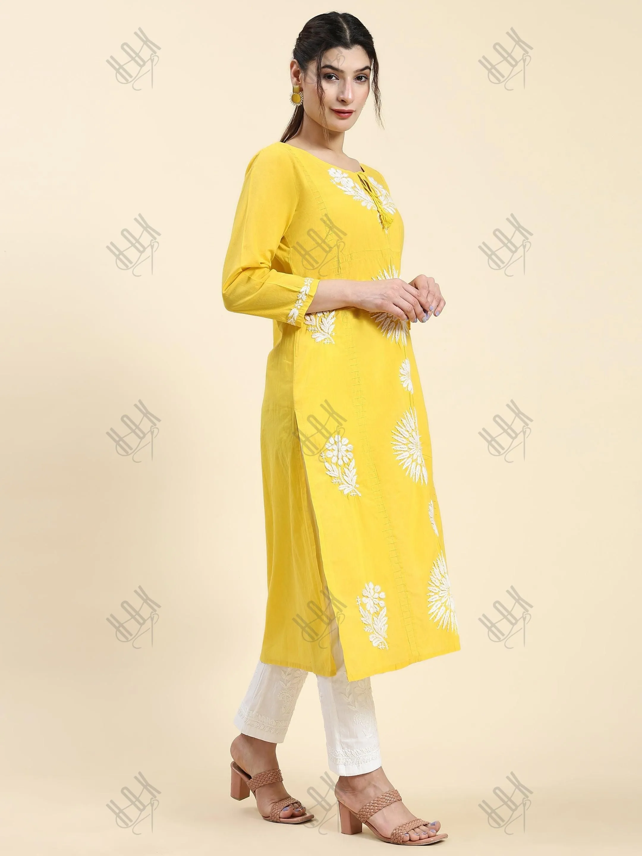 Samma Chikankari Long Kurti In Cotton for Women- Yellow