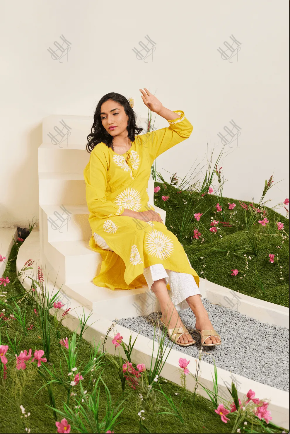 Samma Chikankari Long Kurti In Cotton for Women- Yellow