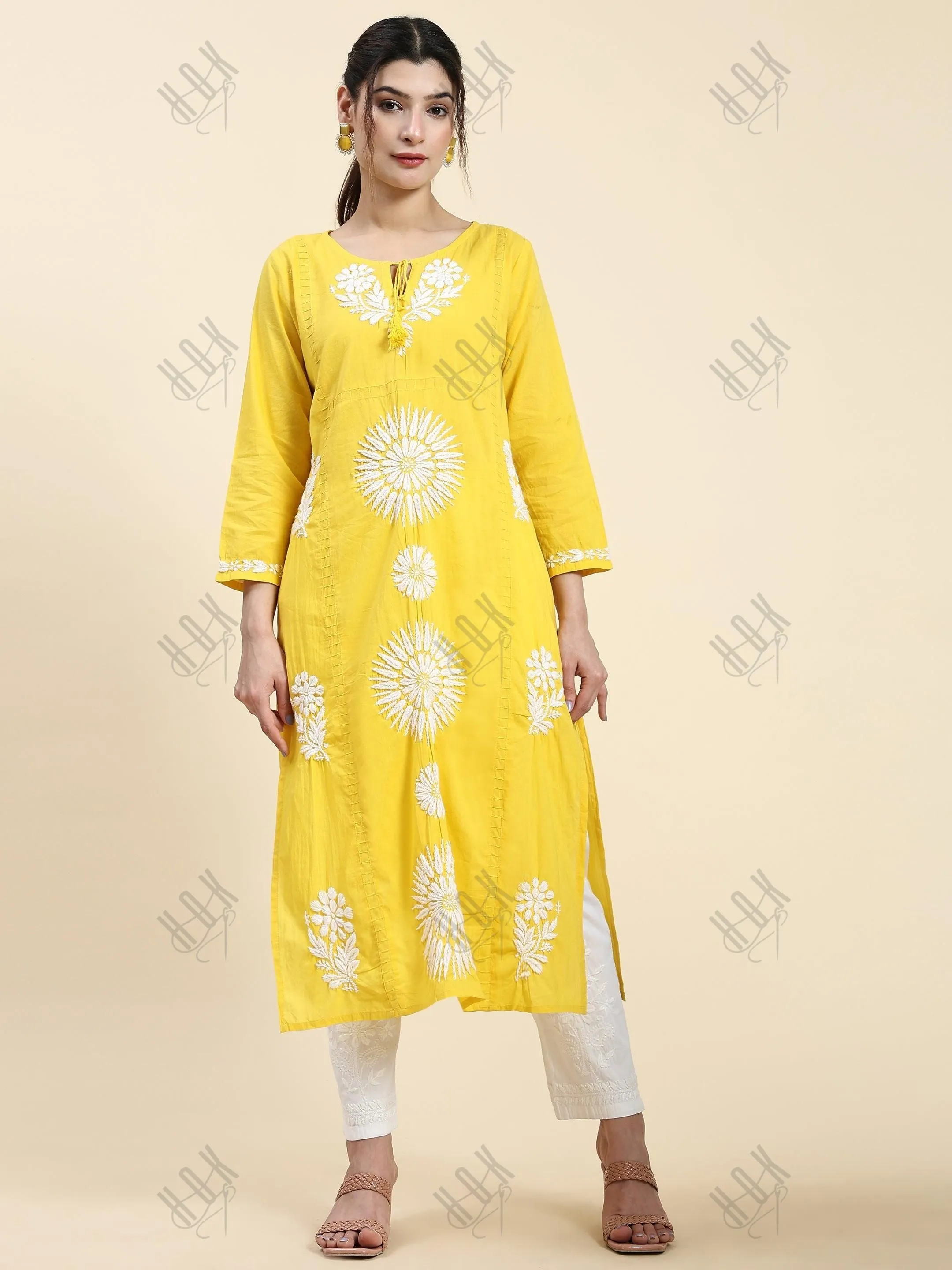 Samma Chikankari Long Kurti In Cotton for Women- Yellow