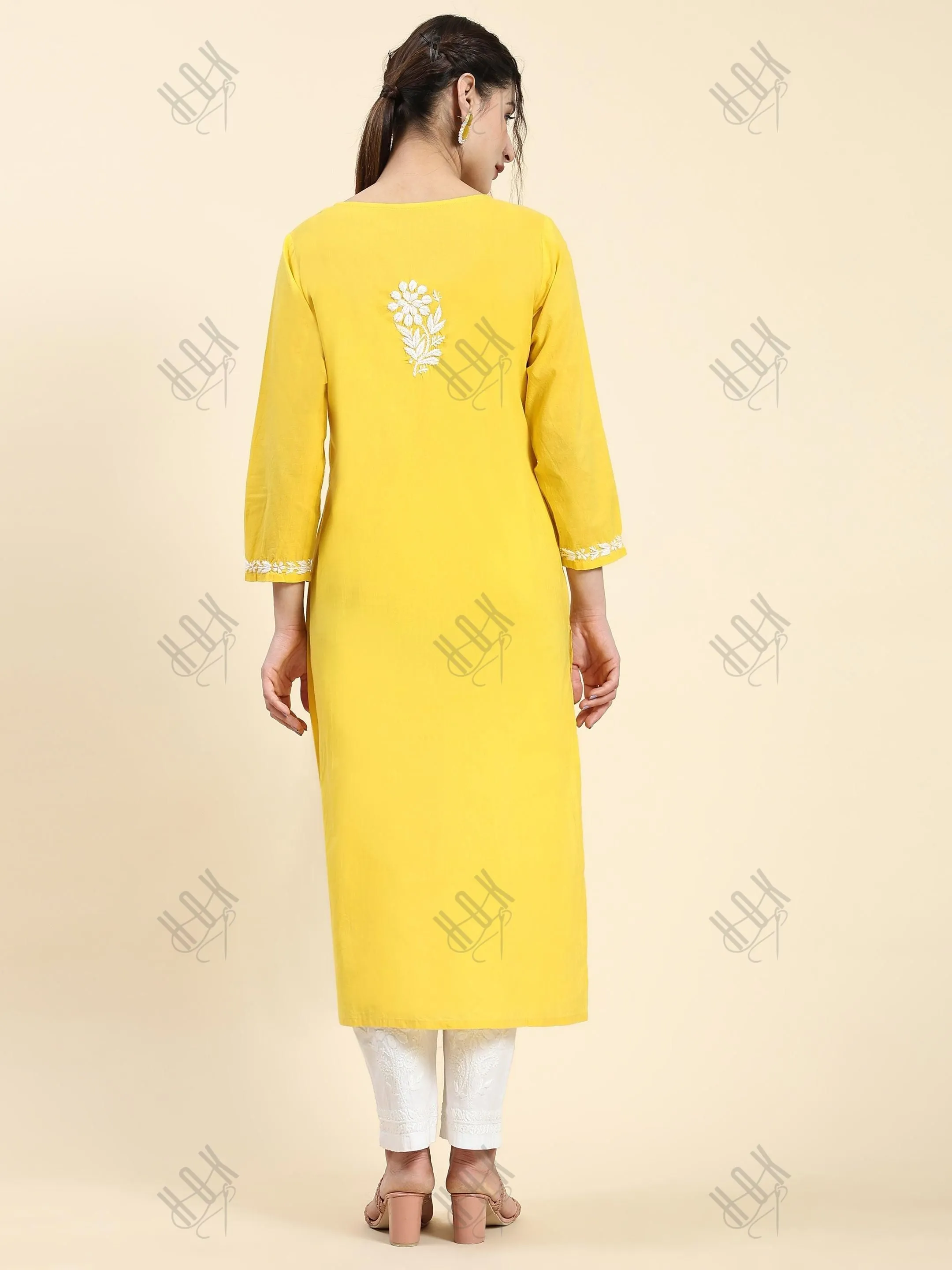 Samma Chikankari Long Kurti In Cotton for Women- Yellow