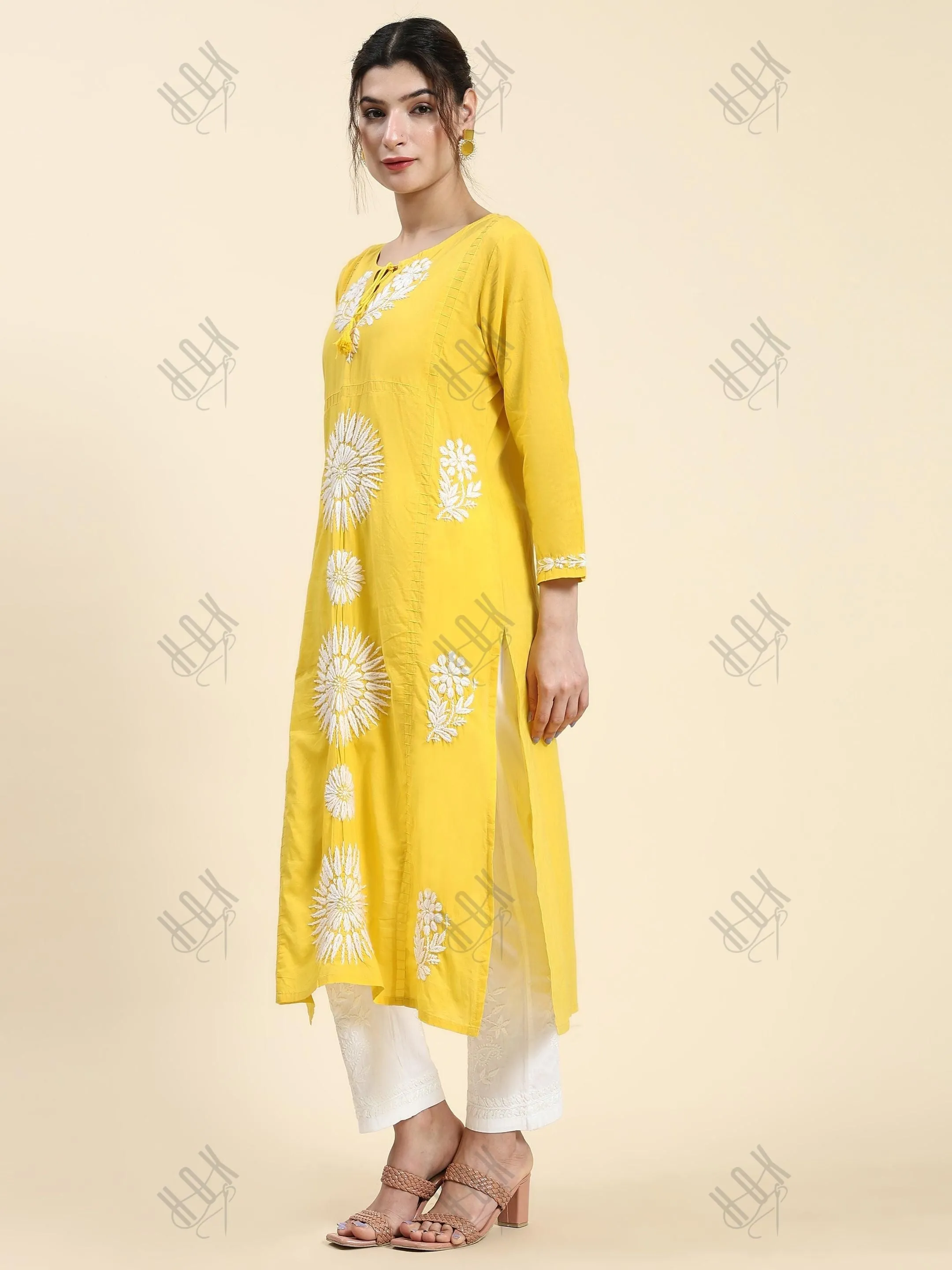 Samma Chikankari Long Kurti In Cotton for Women- Yellow