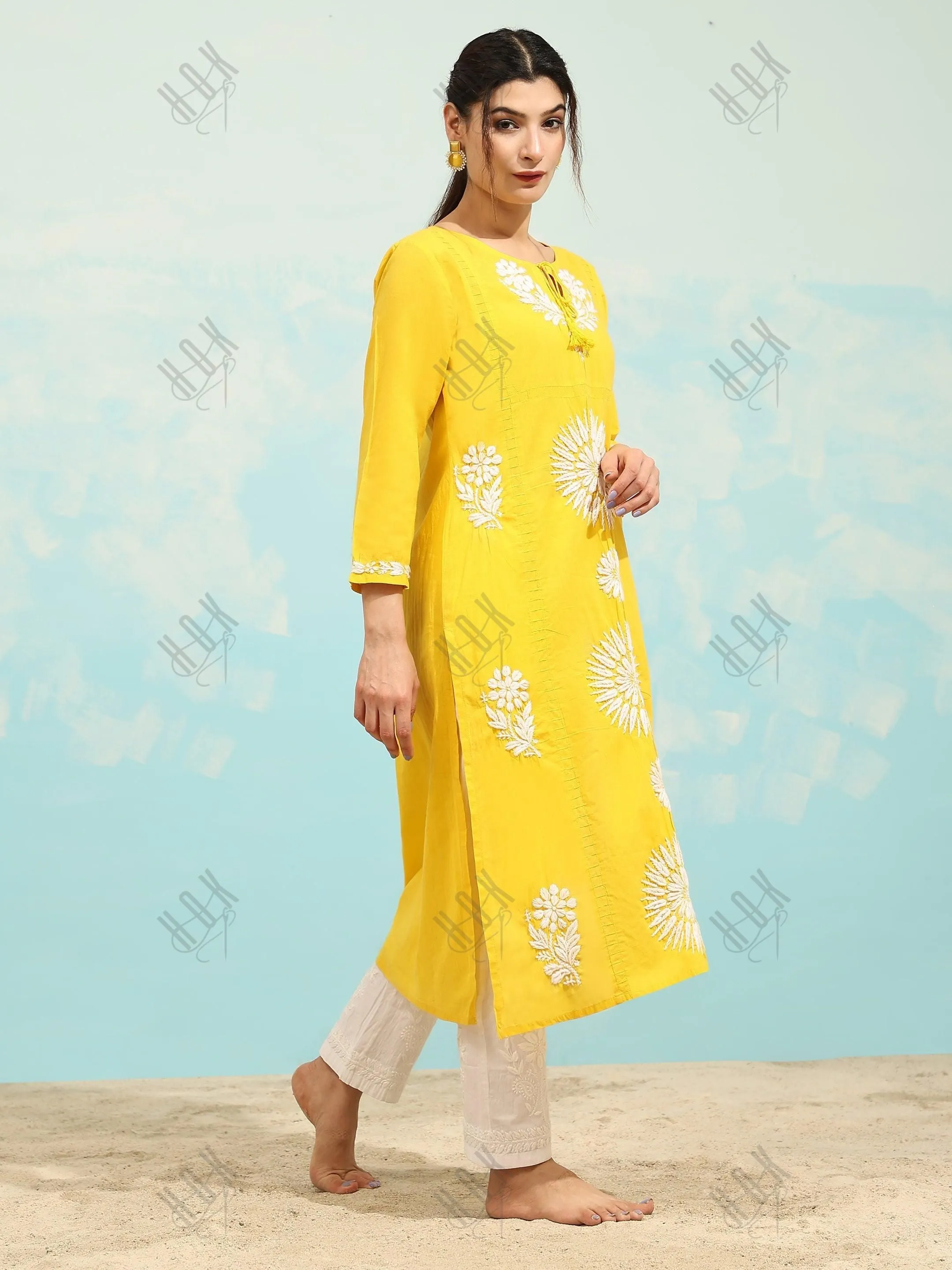 Samma Chikankari Long Kurti In Cotton for Women- Yellow