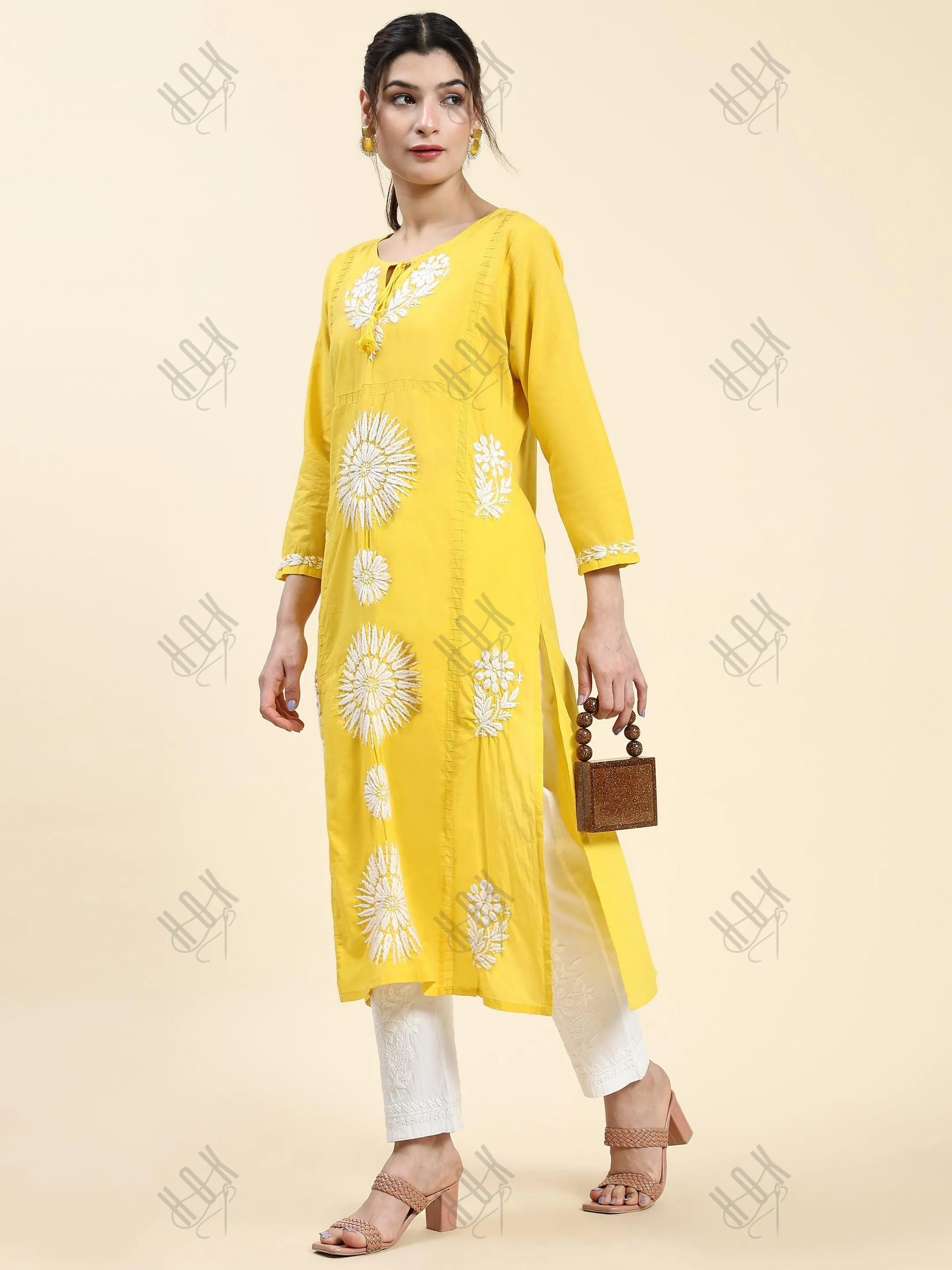 Samma Chikankari Long Kurti In Cotton for Women- Yellow