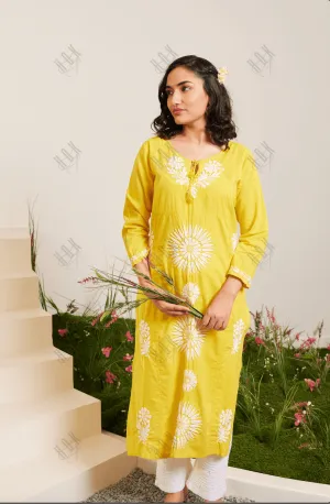 Samma Chikankari Long Kurti In Cotton for Women- Yellow