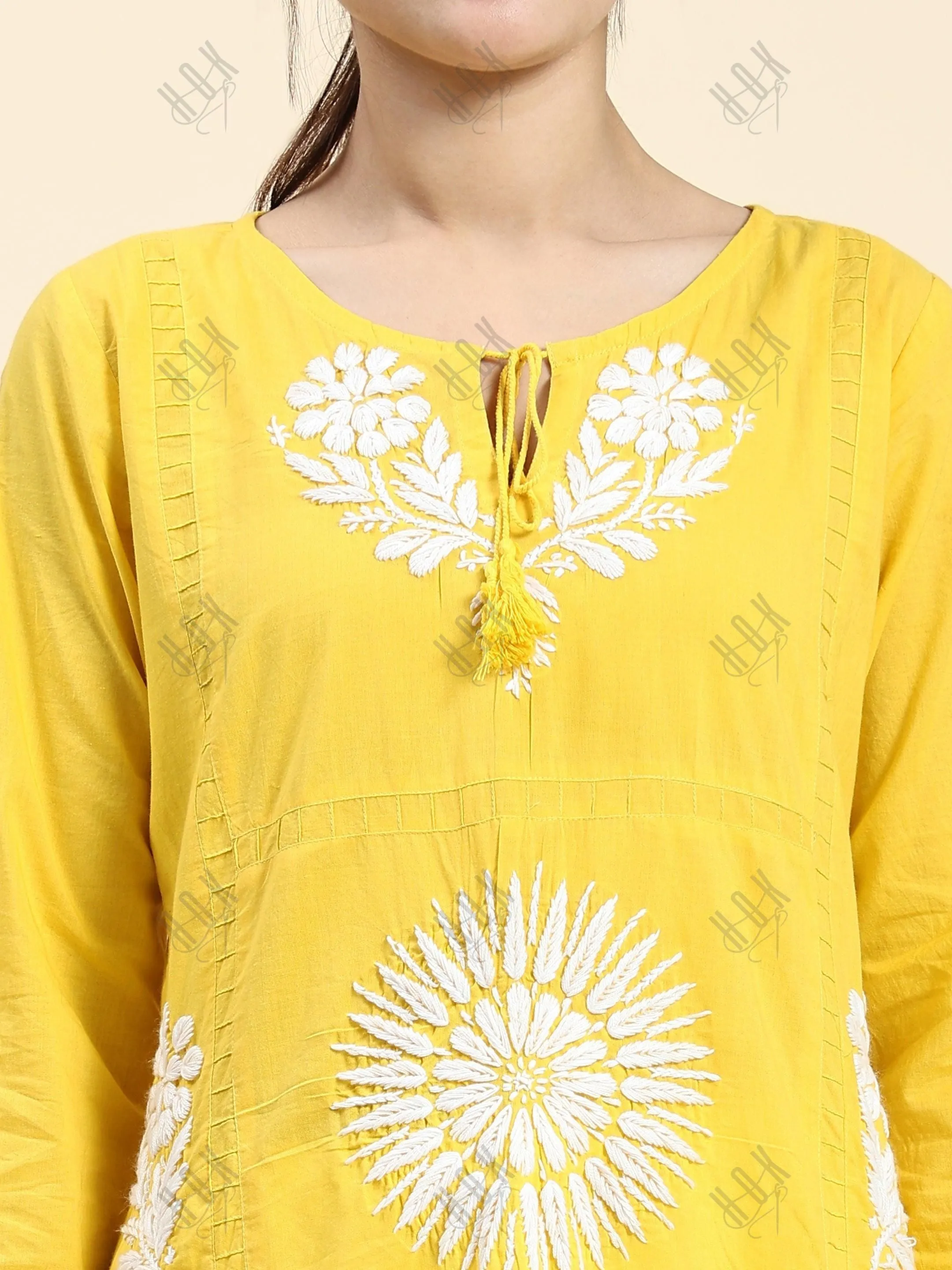 Samma Chikankari Long Kurti In Cotton for Women- Yellow