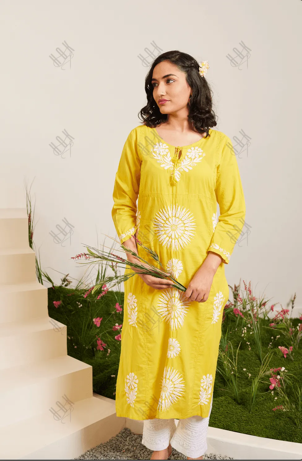 Samma Chikankari Long Kurti In Cotton for Women- Yellow