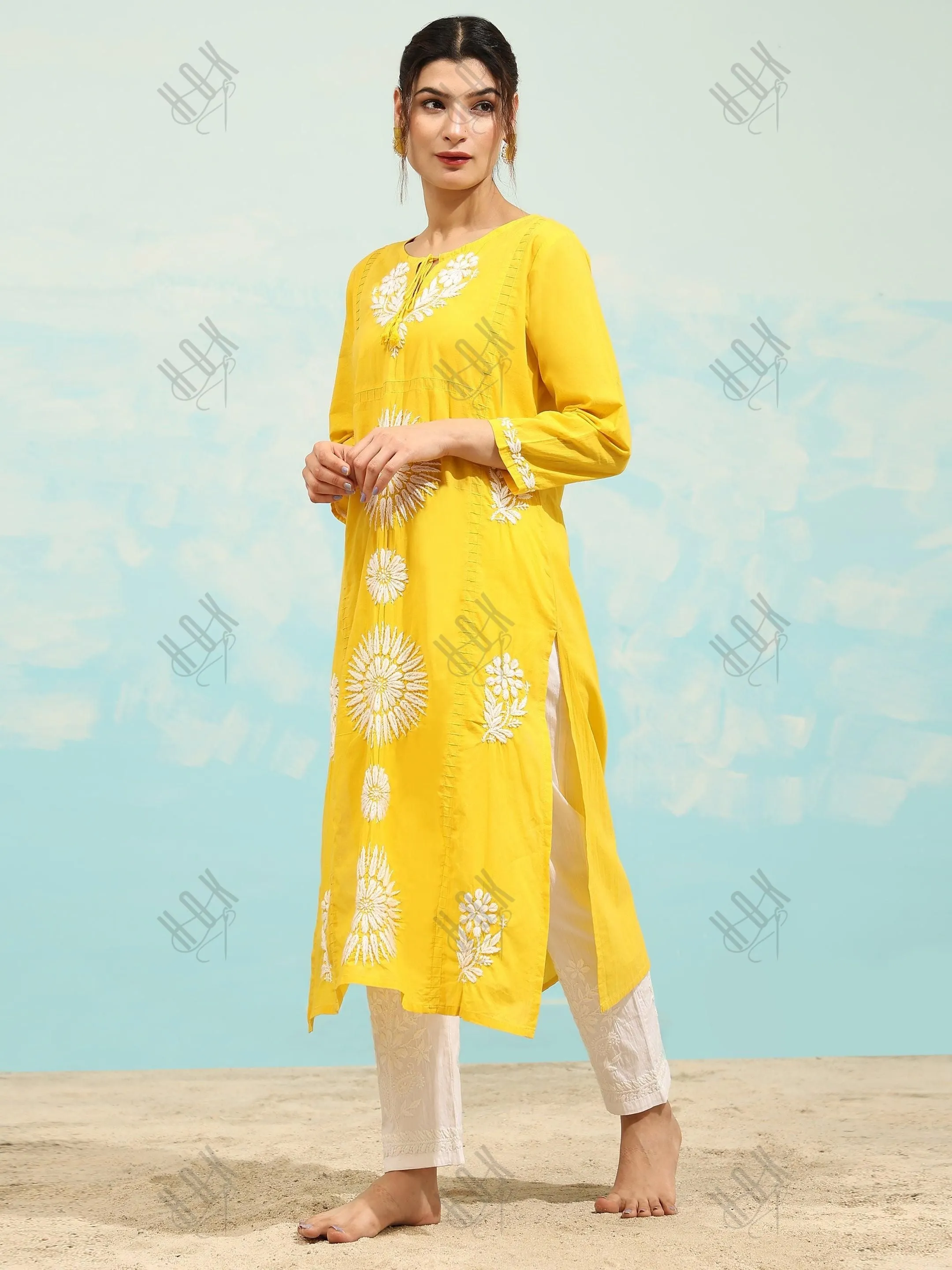 Samma Chikankari Long Kurti In Cotton for Women- Yellow