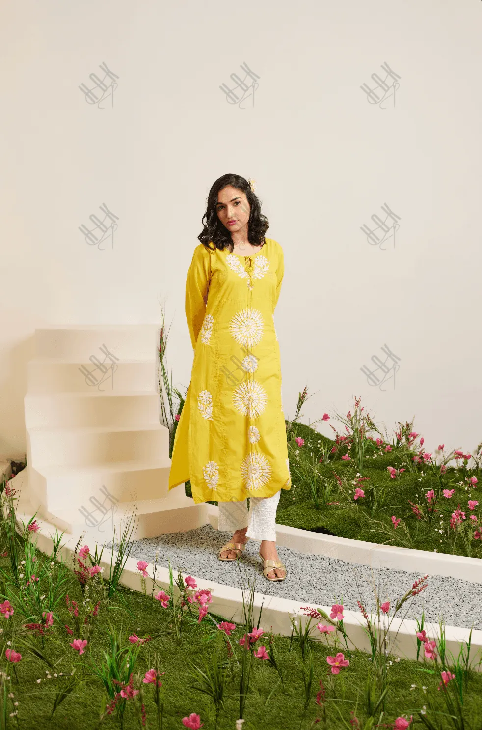 Samma Chikankari Long Kurti In Cotton for Women- Yellow