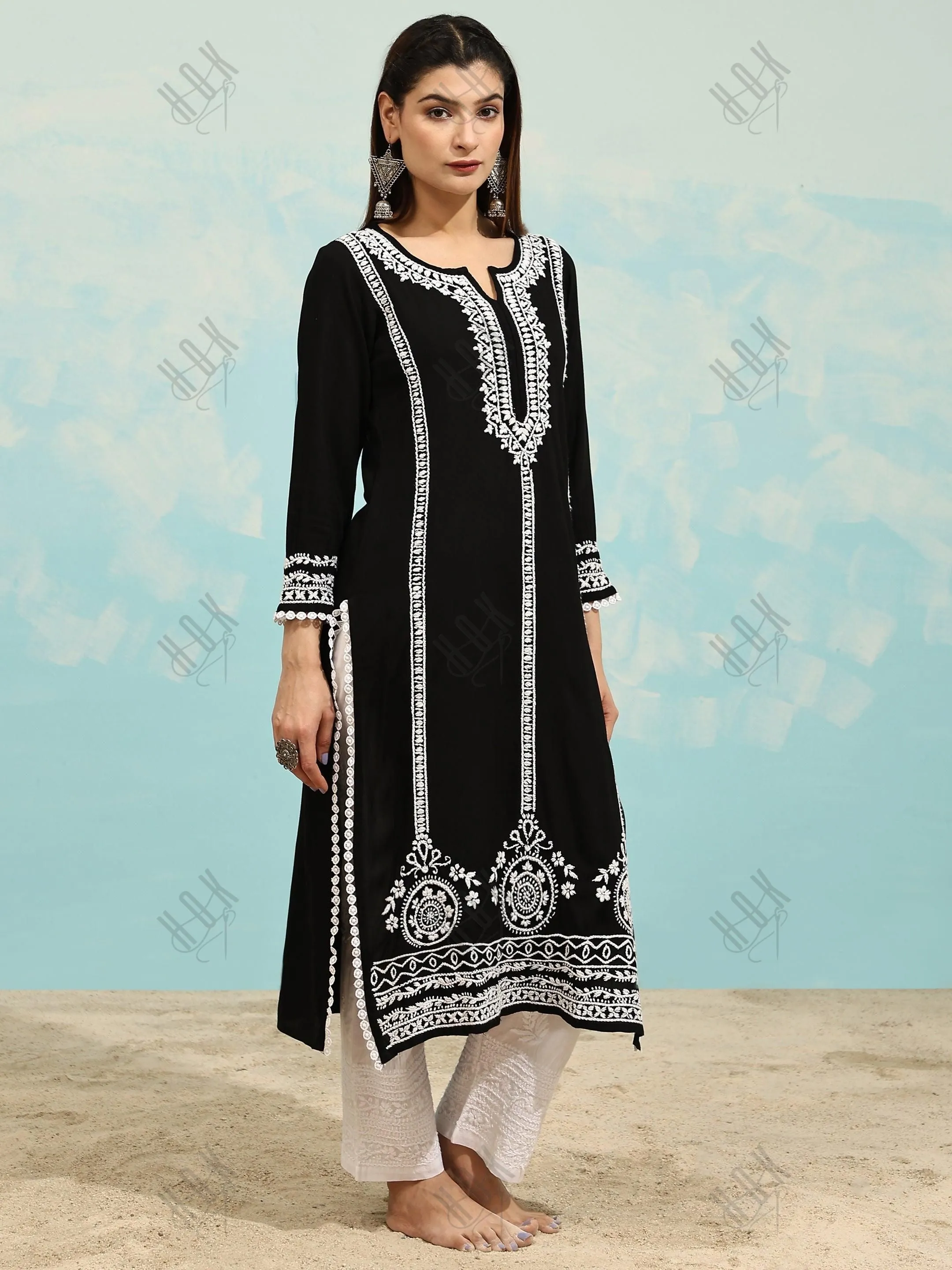 Sharmin in Chikankari Long Kurta in Rayon Cotton for Women- Black With White