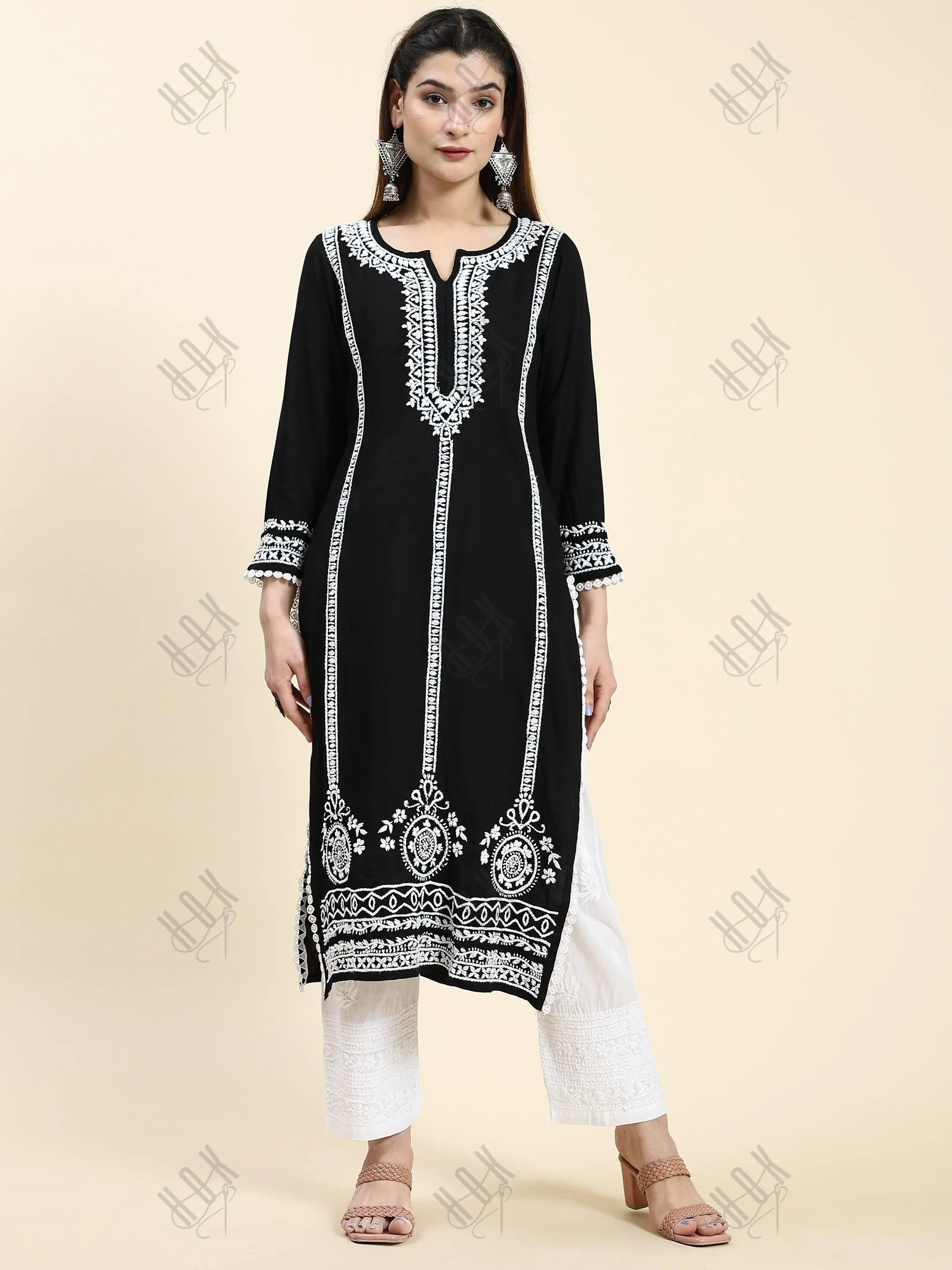 Sharmin in Chikankari Long Kurta in Rayon Cotton for Women- Black With White