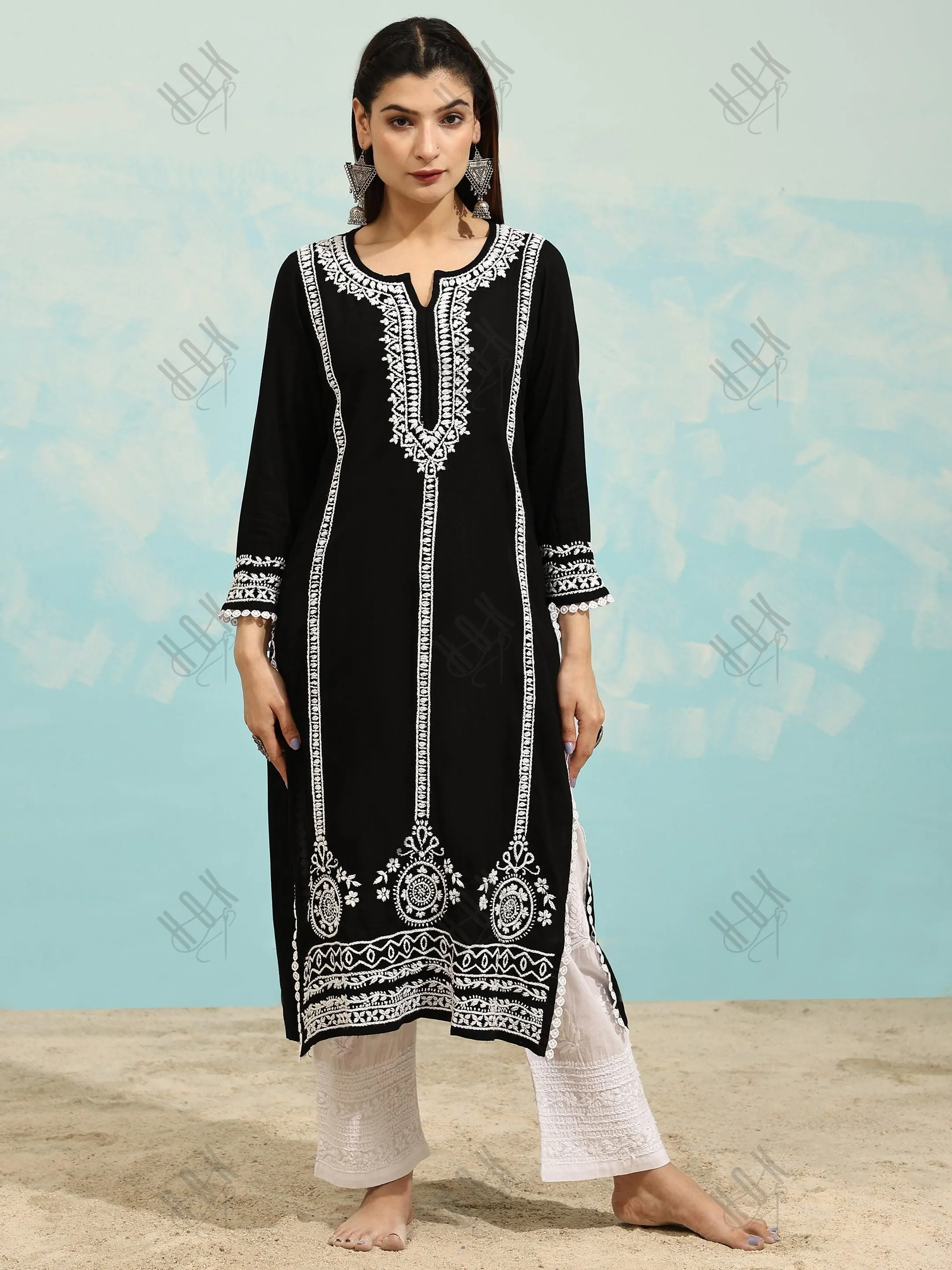 Sharmin in Chikankari Long Kurta in Rayon Cotton for Women- Black With White