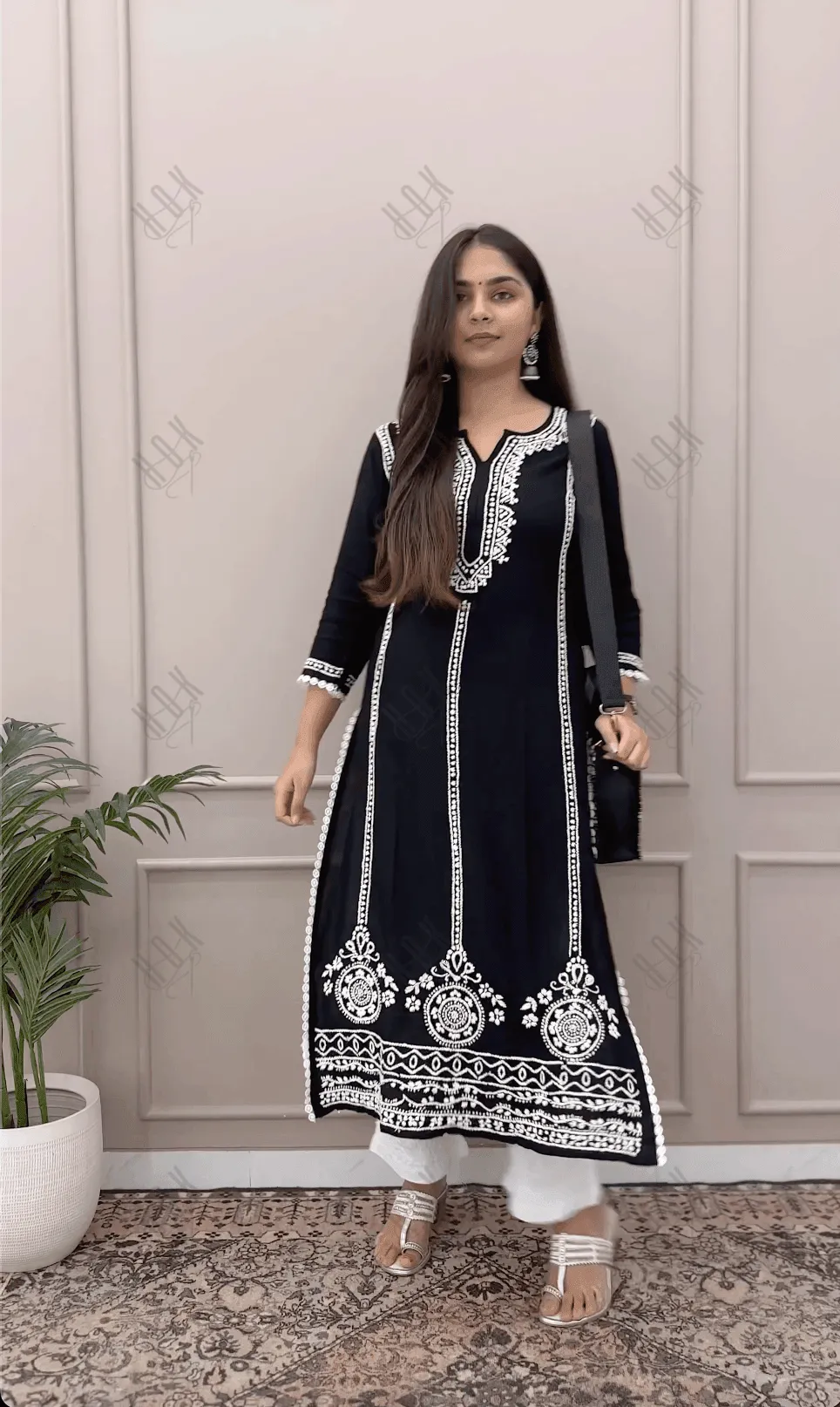 Sharmin in Chikankari Long Kurta in Rayon Cotton for Women- Black With White