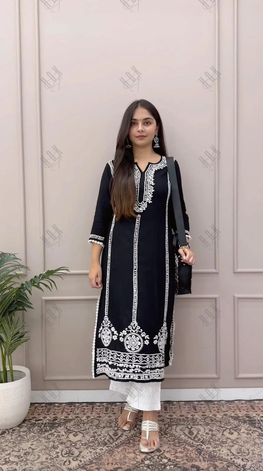 Sharmin in Chikankari Long Kurta in Rayon Cotton for Women- Black With White