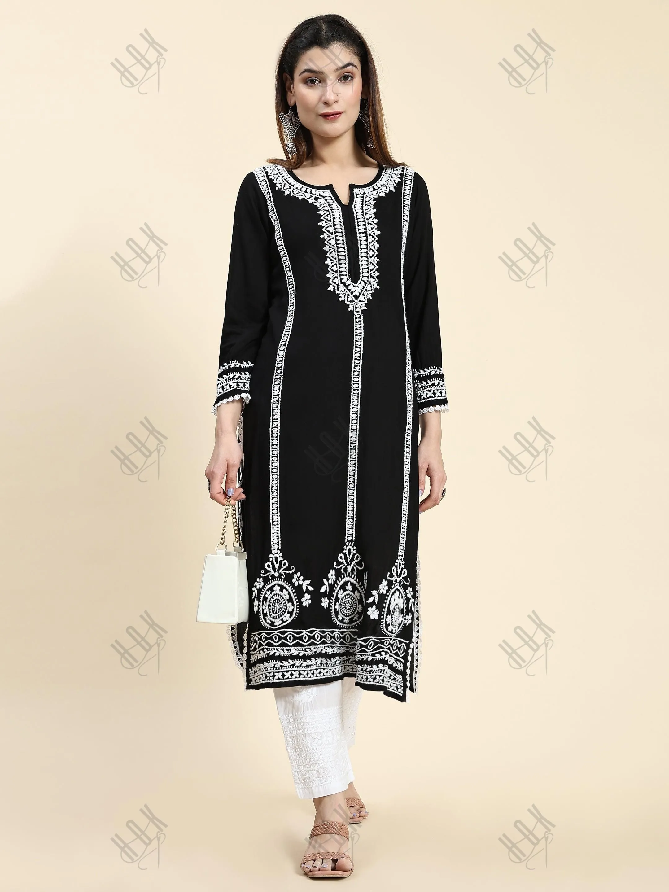 Sharmin in Chikankari Long Kurta in Rayon Cotton for Women- Black With White