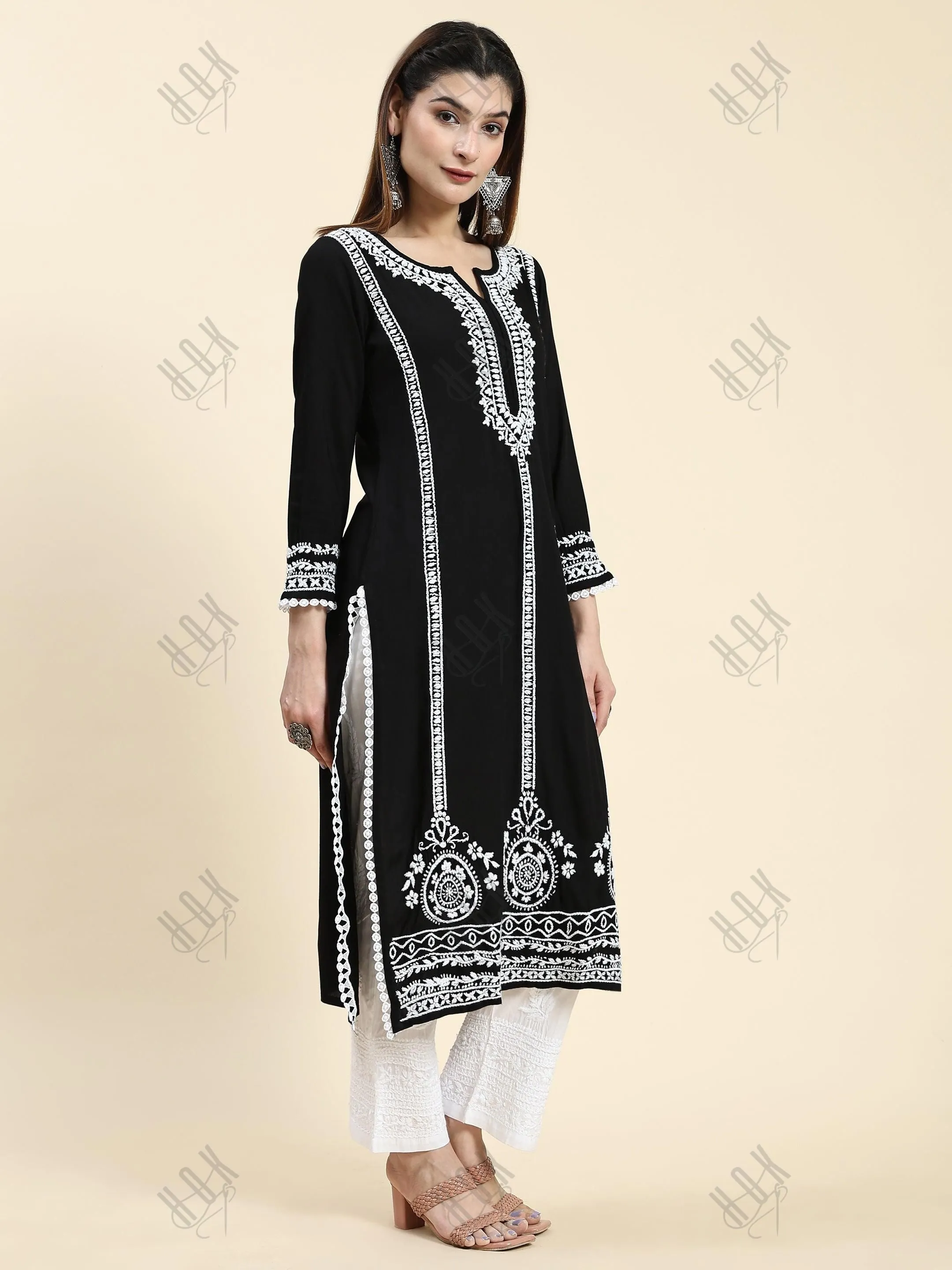 Sharmin in Chikankari Long Kurta in Rayon Cotton for Women- Black With White