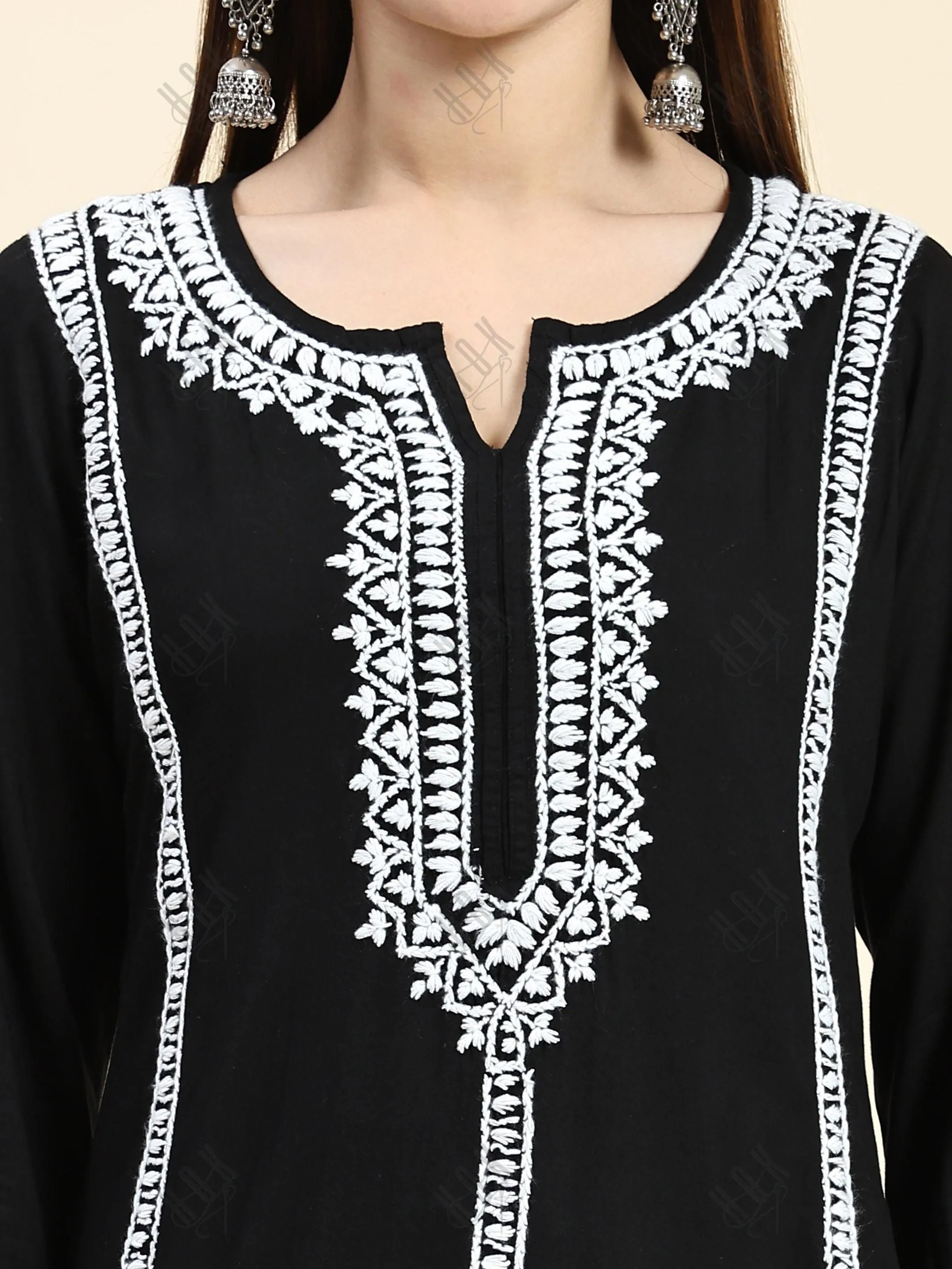 Sharmin in Chikankari Long Kurta in Rayon Cotton for Women- Black With White