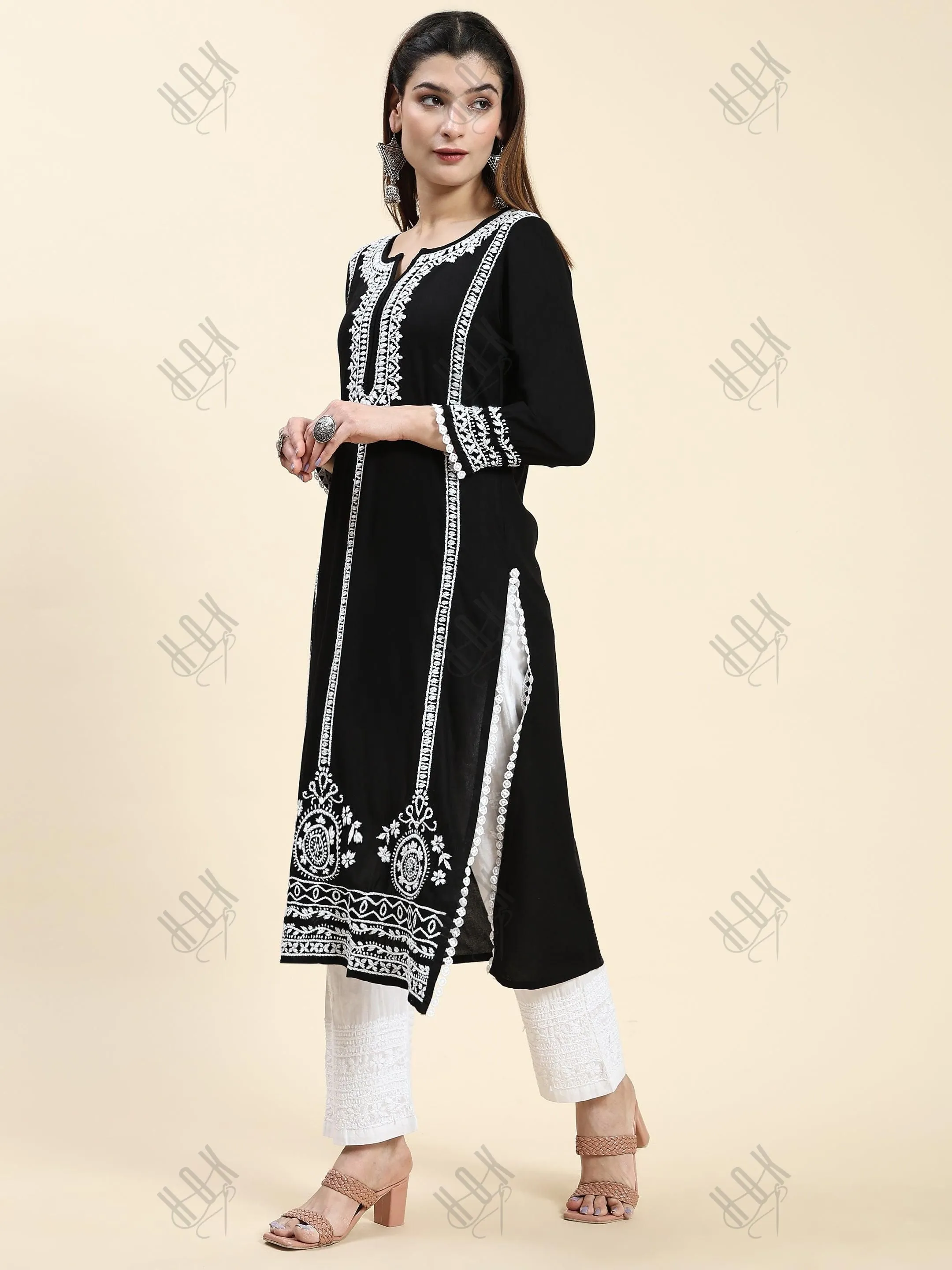 Sharmin in Chikankari Long Kurta in Rayon Cotton for Women- Black With White