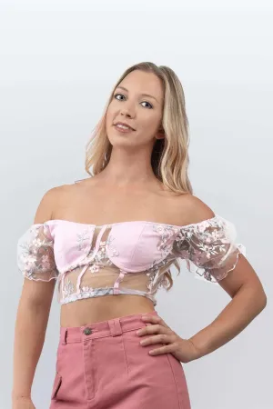 Sheer Floral Bardot Crop Top in Pink