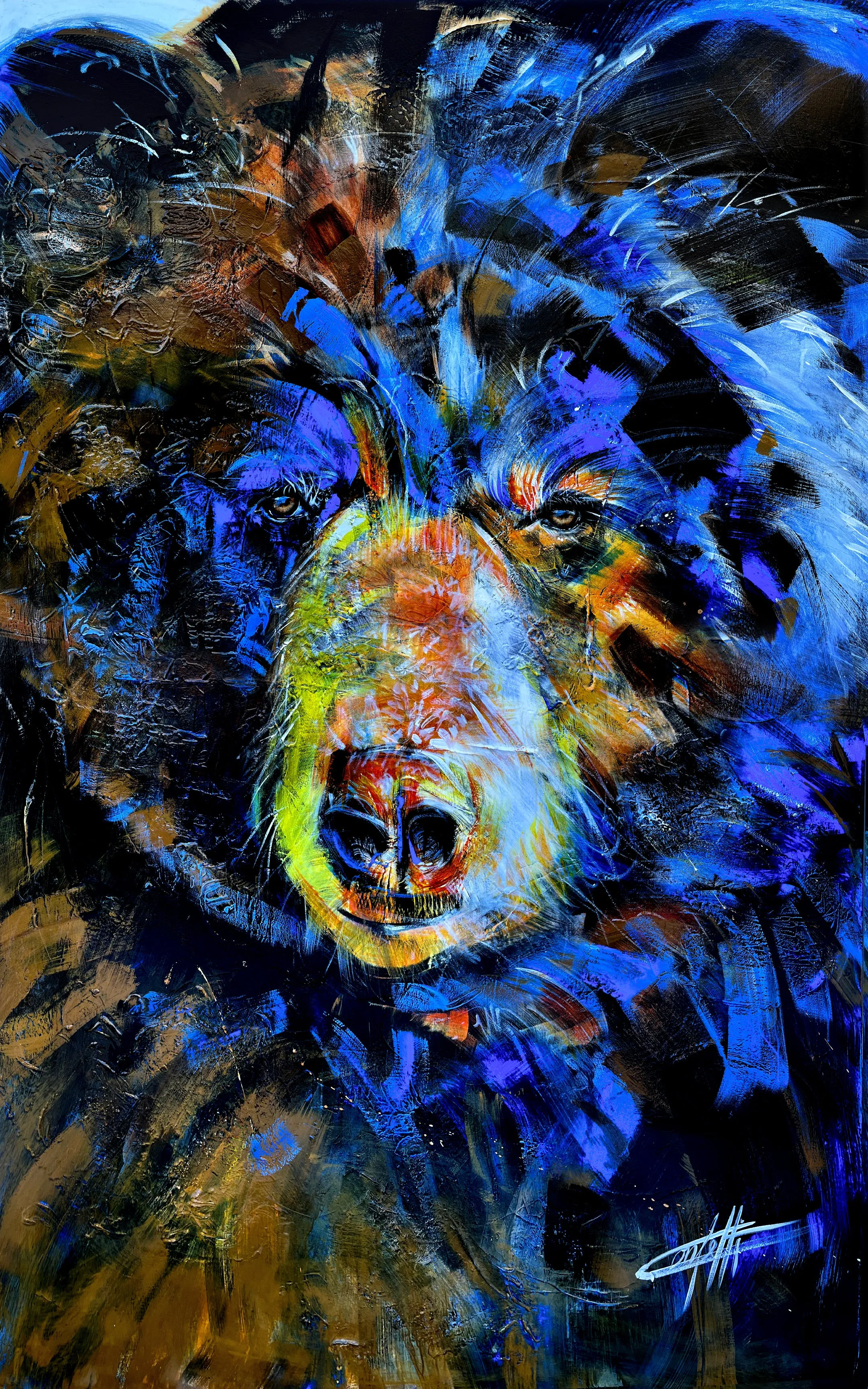 Simon the bear / artwork by confetti artist, colorful blue and orange bear, passionate